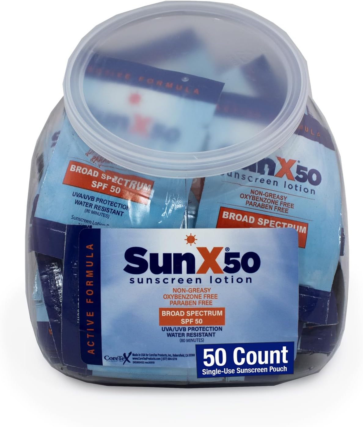 ​​Sun X 50 SPF Individual Sunscreen Packets Travel Size - 50 Pack Fishbowl of Paraben, Oxybenzone, & White Cast Free Broad Spectrum SPF Sunscreen Packets - Water & Sweat Resistant For Up To 80 Minutes
