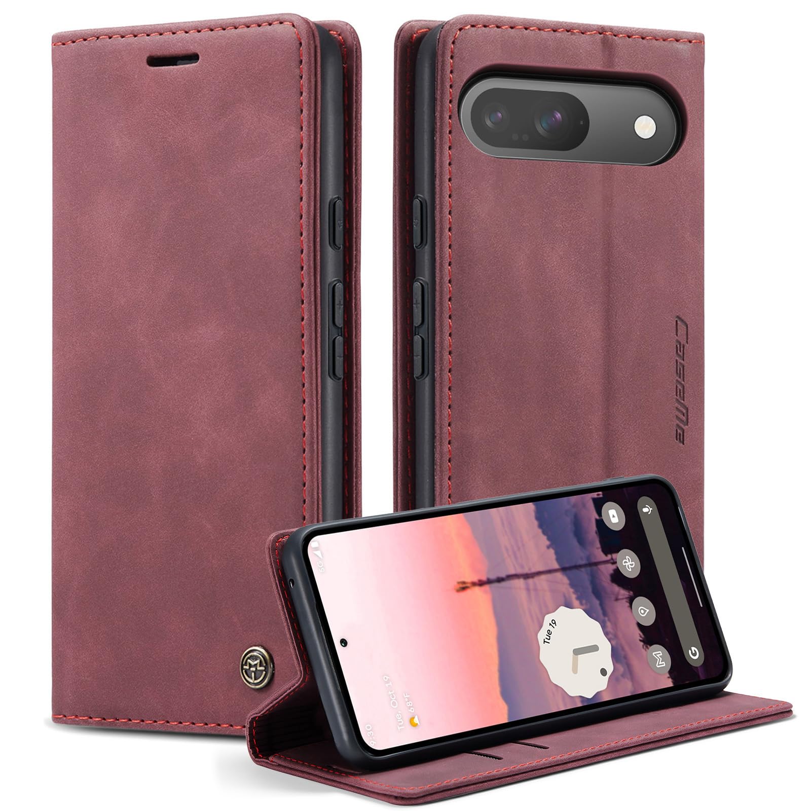 Lanranwa Handyhülle für Google Pixel 9 5G Hülle Premium Lederhülle Klappbar Flip Case Handytasche Schutzhülle Klapphülle Standfunktion für Google Pixel 9 -Weinrot