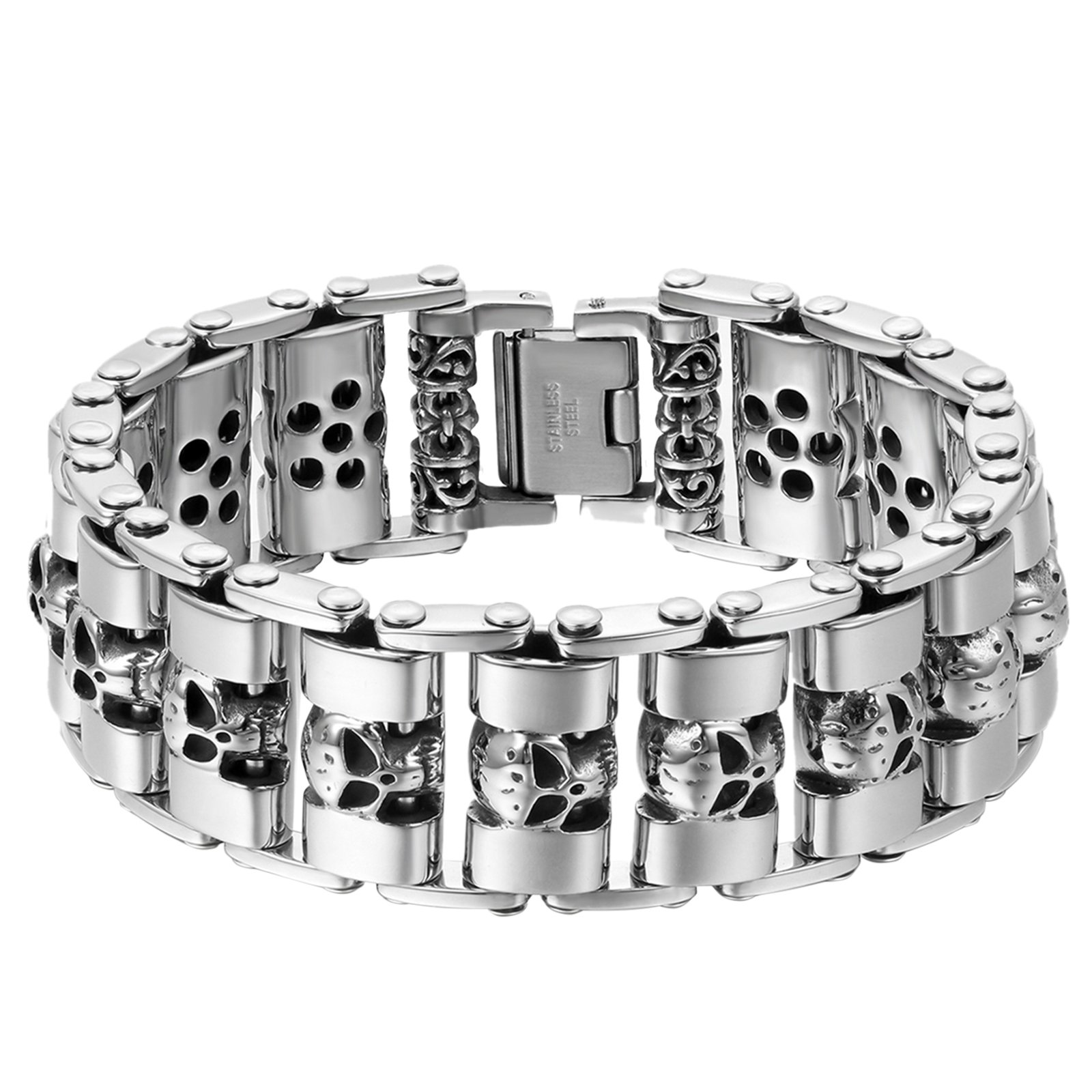 OIDEA Bracciale Braccialetto Uomo Bracciale Catena Bici in Acciaio Inox Forma di Cranio Grande Larghezza Pesante Alta Lucidato Colore a Scelta Regalo Perfetto