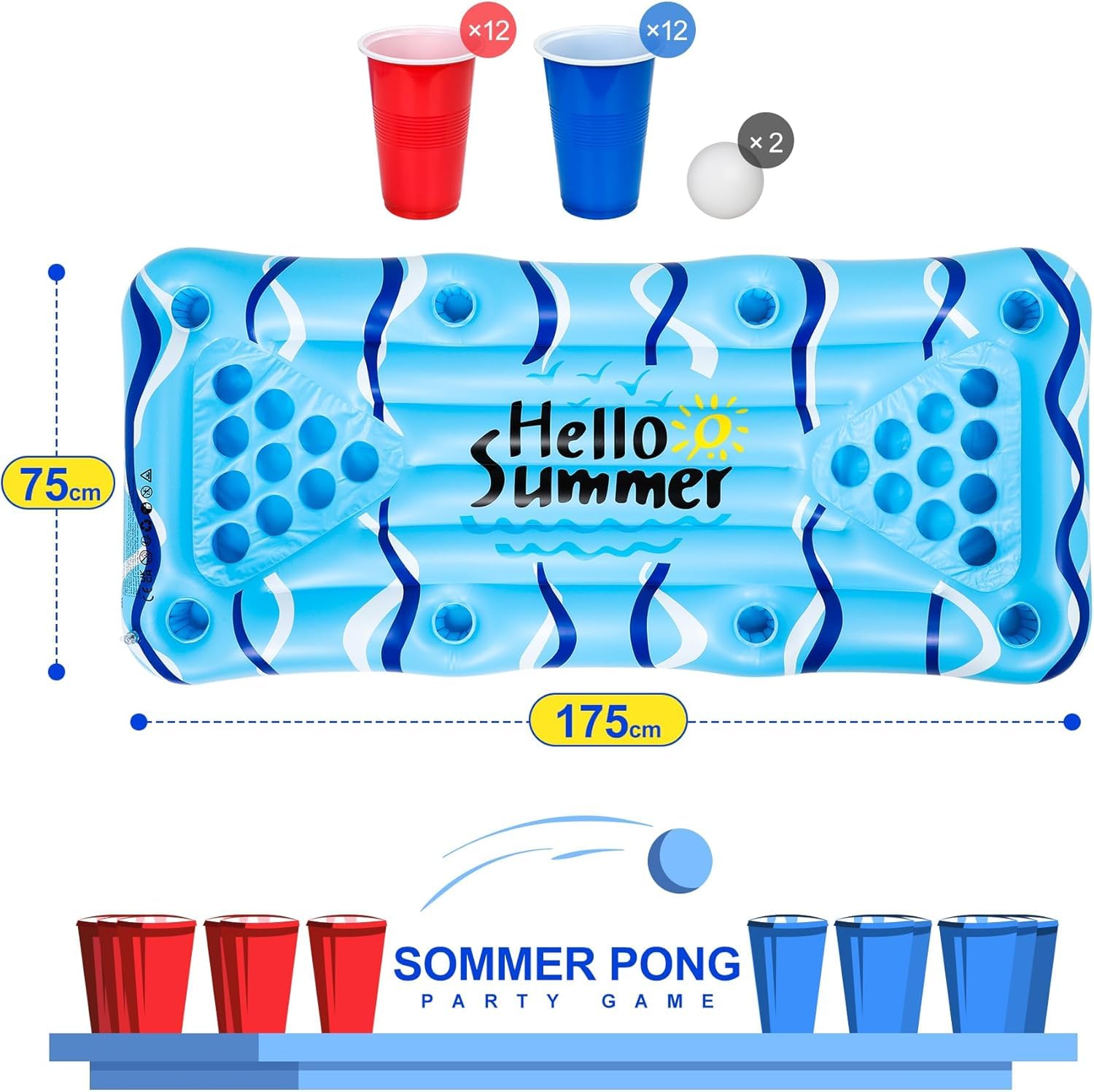 Pong Galleggiante 175x75cm - Gonfiabile Piscina con 24 Portabicchieri, Materassino Gonfiabile Mare per Adulti, Giochi Piscina Adulti con 24 Bicchieri e 2 Palline, Ideale per Relax Estivo