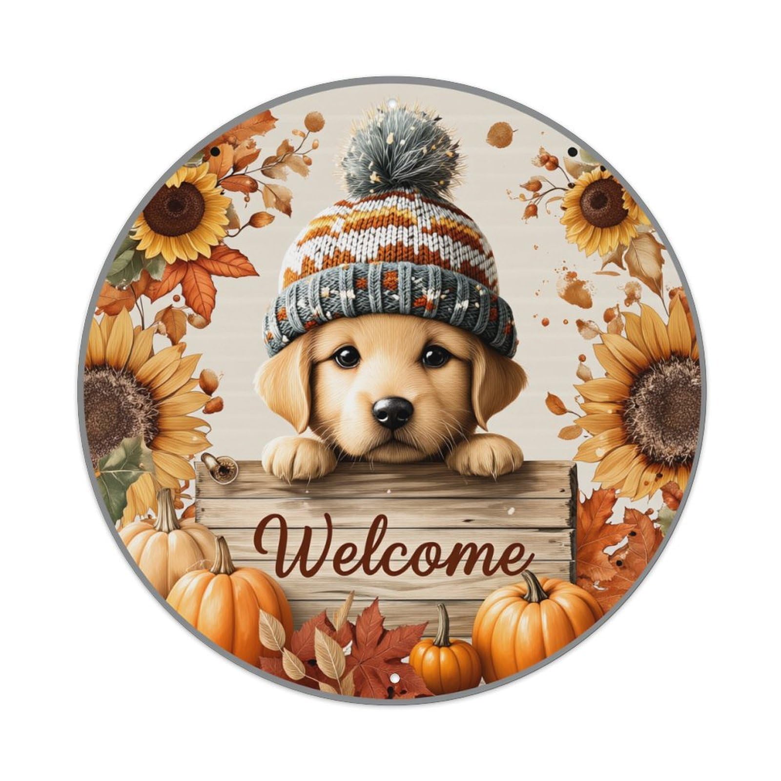 Autumn Sunflower Puppy Pumpkin Welcome Round Tin Sign Vintage Metal Poster, Home Bar Garage Man Cave Cafe Indoor & Outdoor Wall Decoration 8x8Inches