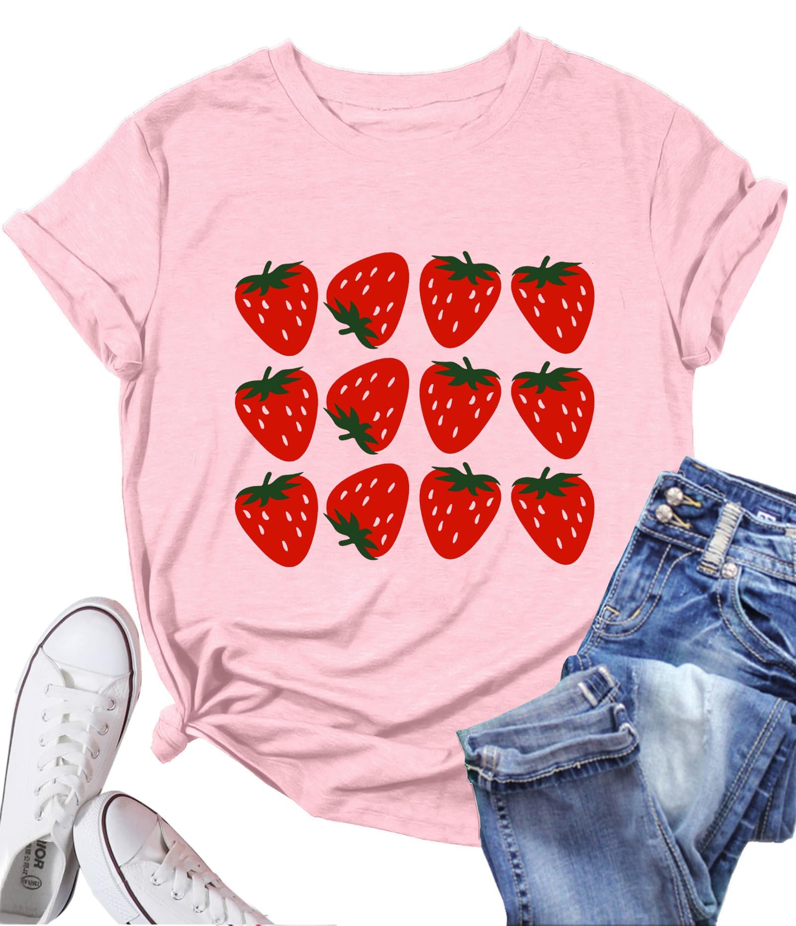 UXQIENStrawberry Tshirt for Women Cute Strawberries Print Short Sleeve Shirts Fruit Lover Farmers Garden Gardener Casual Tees Tops