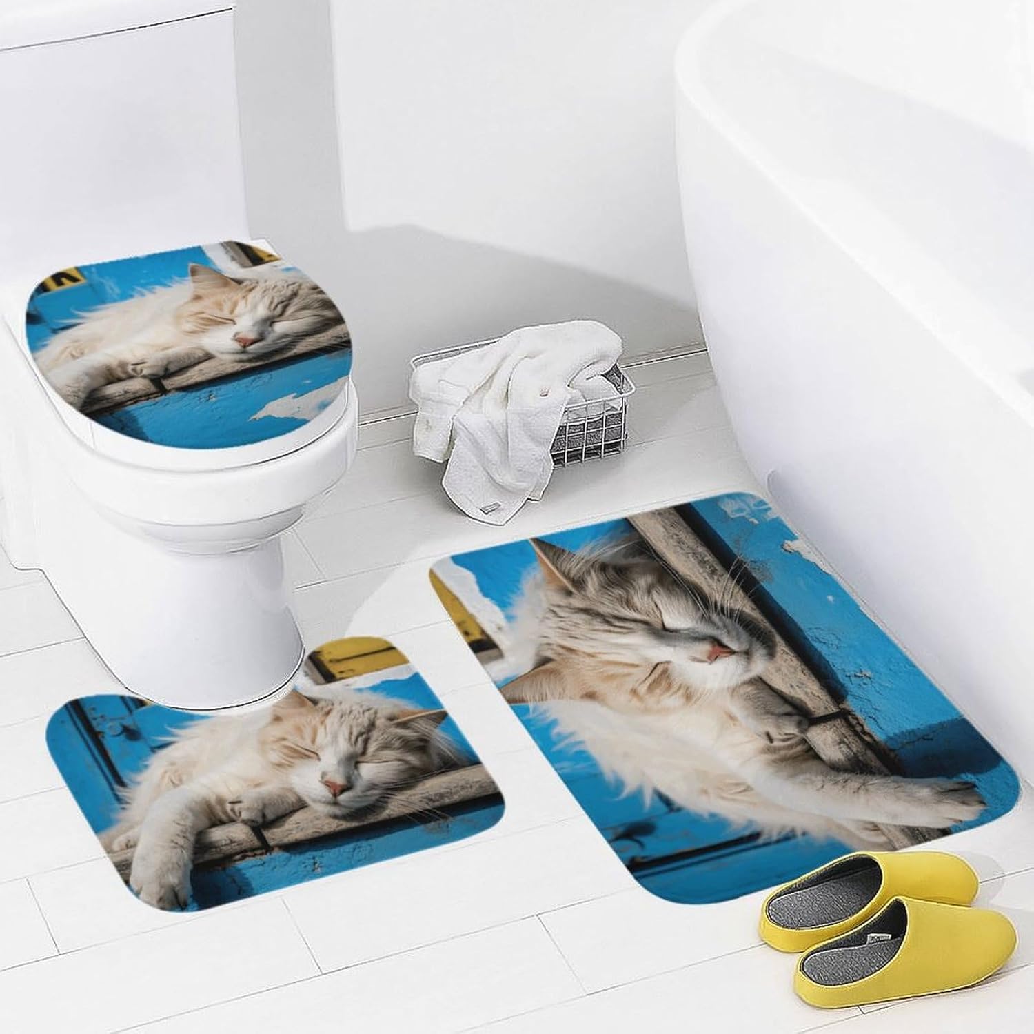 Anti-Skid Floor Mats 3 Piece Set,Sleeping Little Cat Printed Coral Fleece Bathroom Mats U-Shaped Contour Mat Toilet Seat Cover for Bathroom, Tub, Shower, Kitchen 19.7"x31.5"