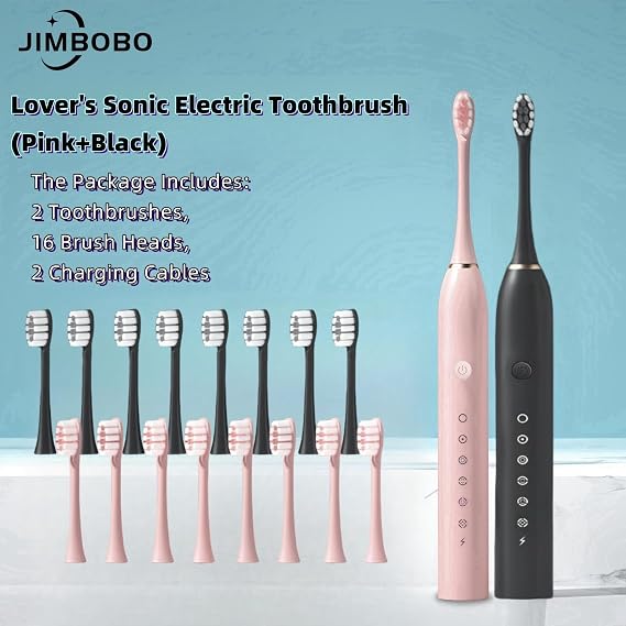 JIMBOBO 2 Pack Electric Toothbrush with 16 Brush Heads, IPX7 Waterproof, 6 Cleaning Modes, 42000vpm Whitening Soft Bristles USB Rechargeable Sonic Toothbrush for Adults (Pink+Black)