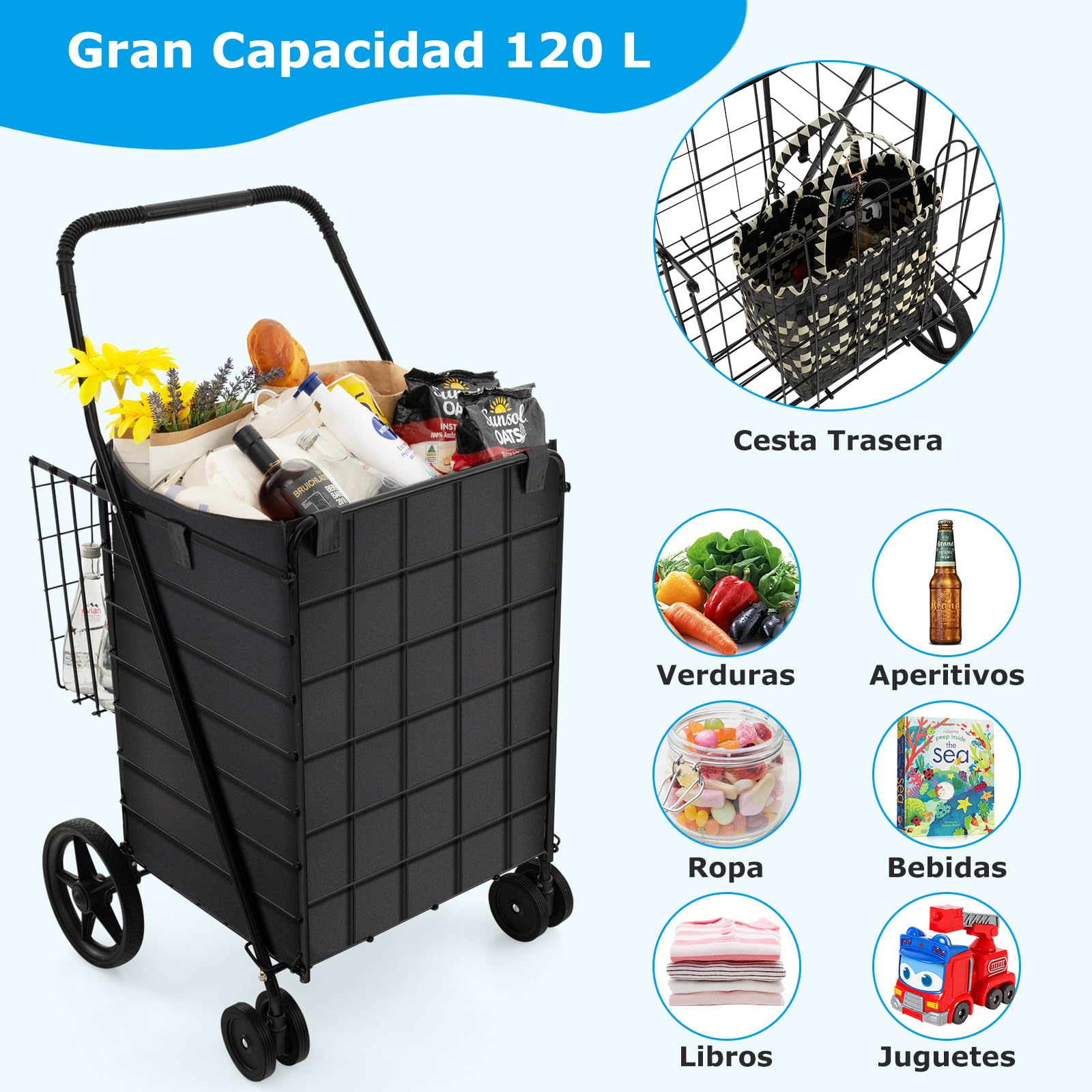 COSTWAYCarro Plegable con 2 Cestas, Compra 4 Cuedas, Forro Oxford Impermeable, 120 L, Metal, Asa Antideslizante, Soporta hasta 40 kg para Supermercado