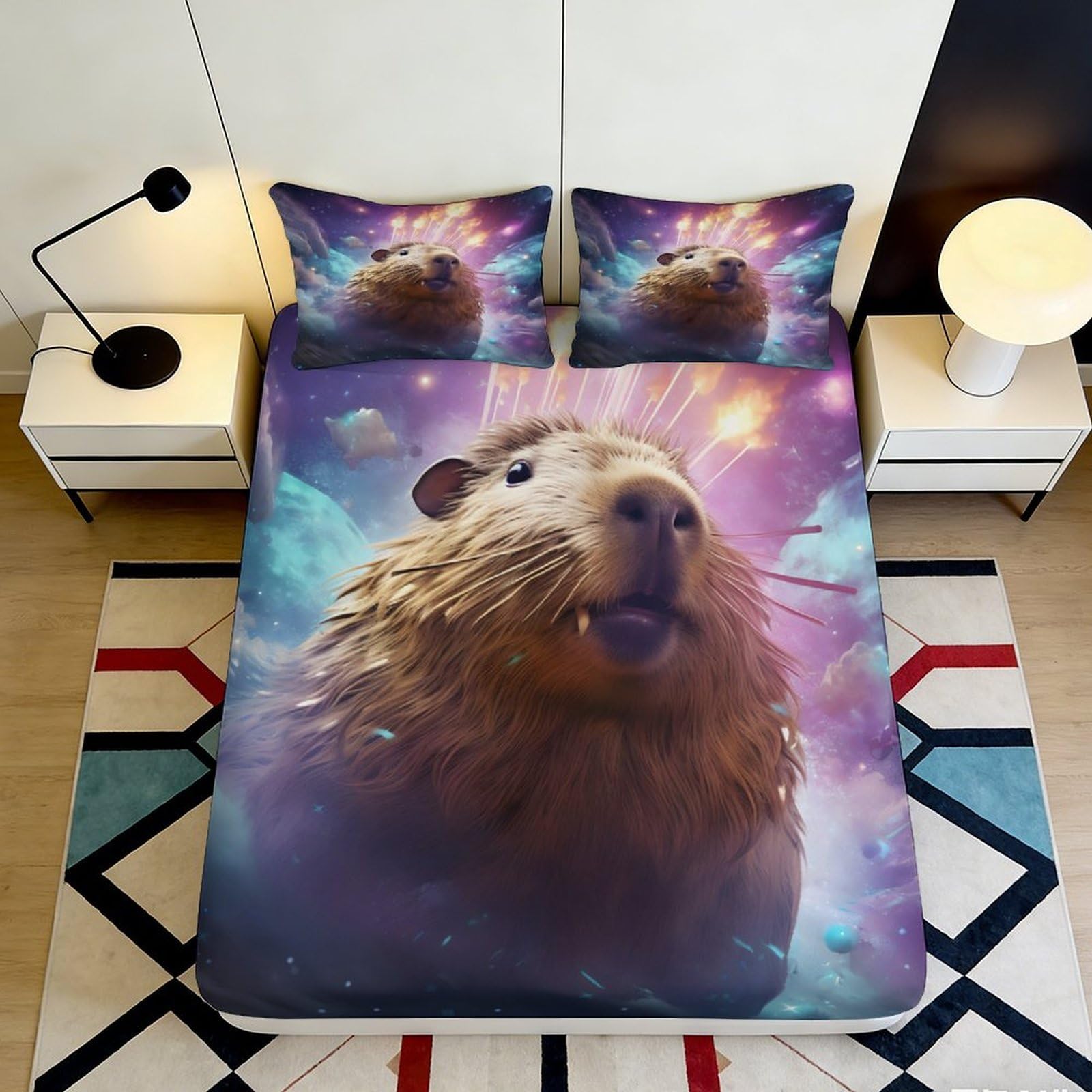 3D Printed Capybara Galaxy Fitted Sheet Microfiber Non-Slip Cosmic Nebula Mattress Cover for Bedroom Dorm Decor 120x200x25cm