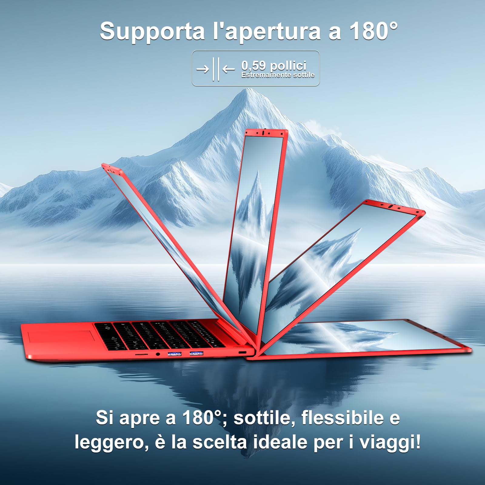 Pc Portatile 14 Pollici Win11 Notebook Celeron N5095 Upto 2,9 GHz Notebook 8GB RAM 256GB SSD TF 1TB LPDDR4 5G WiFi 1920*1080 FHD USB 3.0 Laptop QWERTY Tastiera Film Italiana - Rosso Corpo in Metallo-9