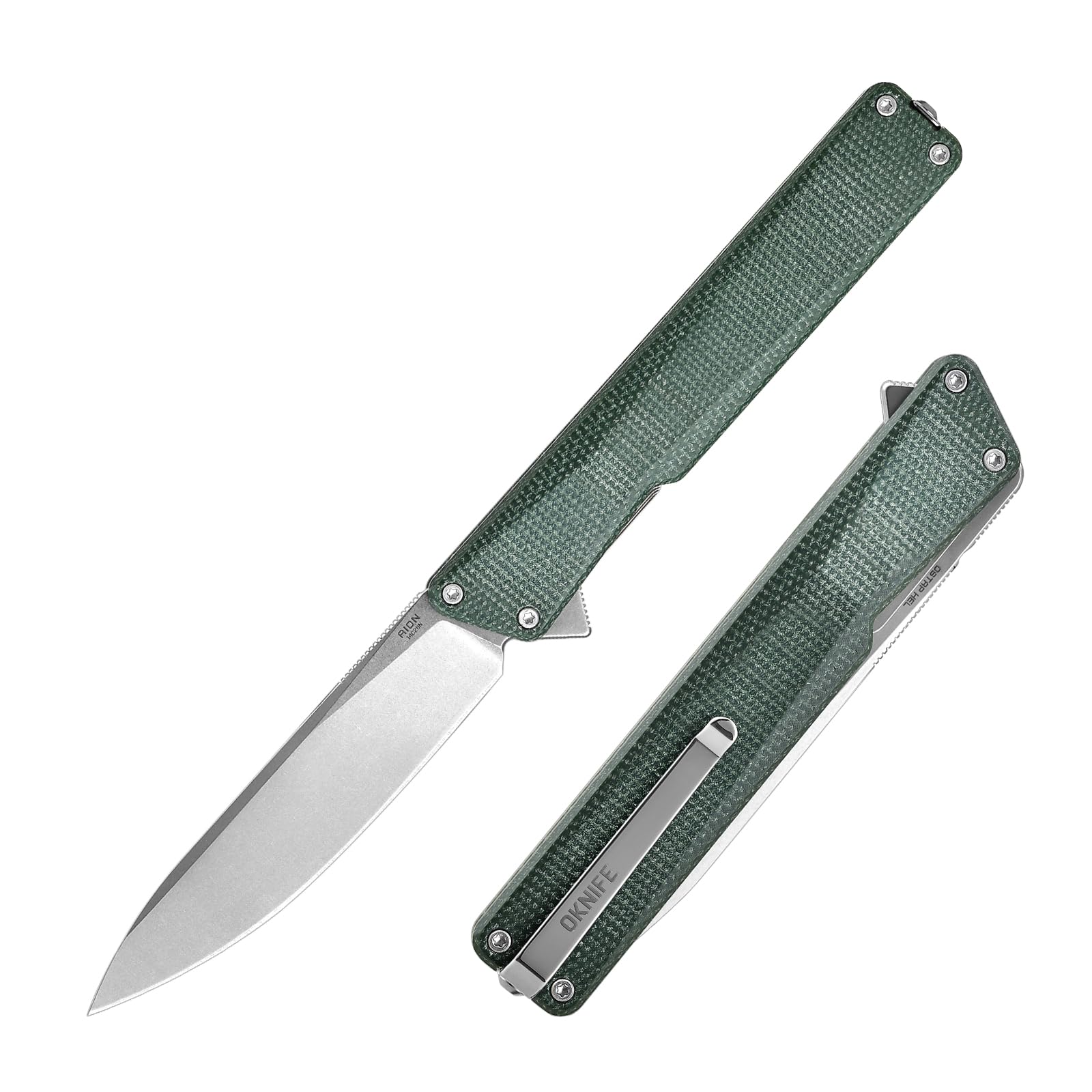 OKNIFE AION Folding Pocket Knife, 3.53-Inch 14C28N Steel, Durable Handle with Deep Carry Pocket Clip, Rail Lock EDC Knife Ideal for Camping Hiking Hunting (Green Micarta)