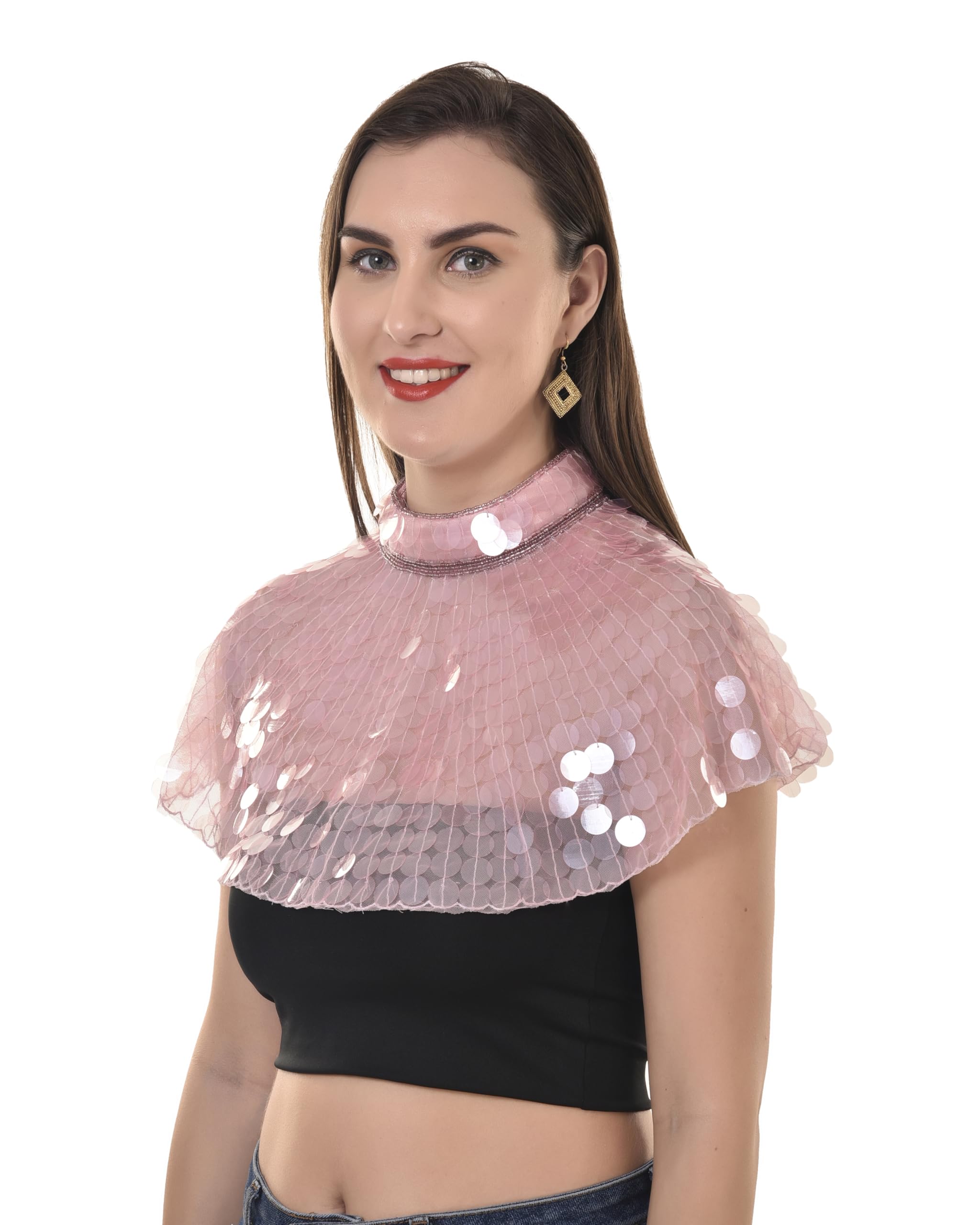 Pink Mesh Capelet with Floral Appliques, High Neck, Sheer Overlay-image-22