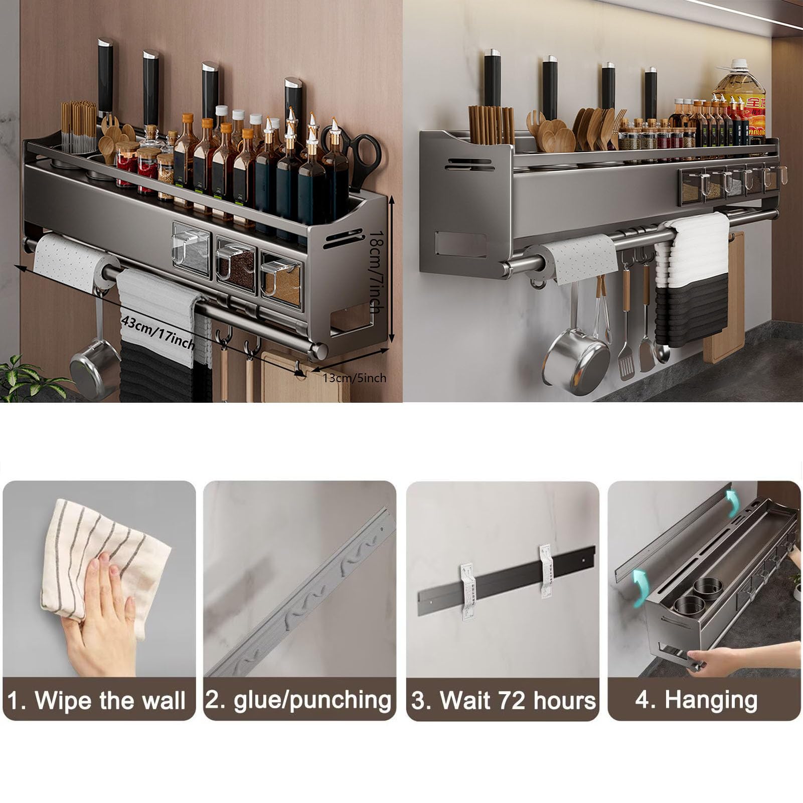 43cm,Portaspezie da Parete Mensola Cucina Parete Senza Perforazione Porta Spezie da Appendere con Portaspezie, Porta Salviette e Ganci, Organizer Cucina per Riporre Spezie