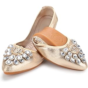 KUNWFNIX Women's Ballet Flats Foldable Classic Crown Rhinestone Slip On Flowers PU Leather Pointed Toe Comfort Flat Casual Dress Shoes 10.5 #01-gold