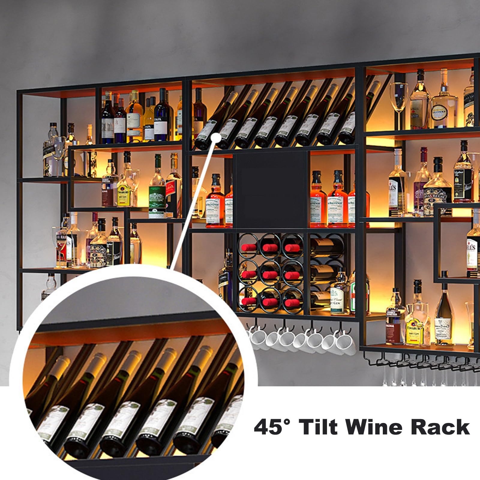 Wall Mounted Wine Rack Botellero de Hierro, Botellero de Pared Soldado a Mano, Botellero Vino Pared Industrial con Ganchos para Copas de Vino Cocina, Hogar, Bar(Gold)