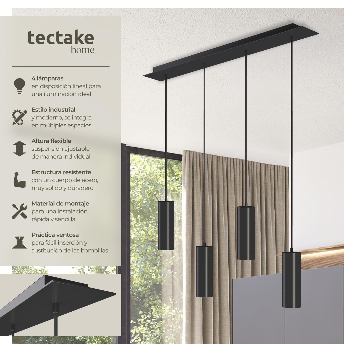 tectake® lámpara de techo colgante moderna estilo industrial, 4 luces GU10, 40 W, lampara salon, instalación fácil con ventosa, altura ajustable, lampara techo dormitorio - Negro