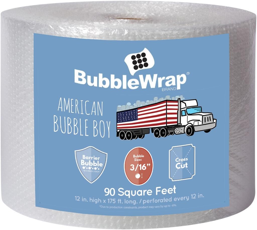 4 large rolls of Bubble Wrap total 700 feet, small bubbles 3/16 cushioning, 700 ft, heavy duty, perforated Every 12" Made in the USA by American Bubble Boy, bulk packaging wrap for moving and shipping