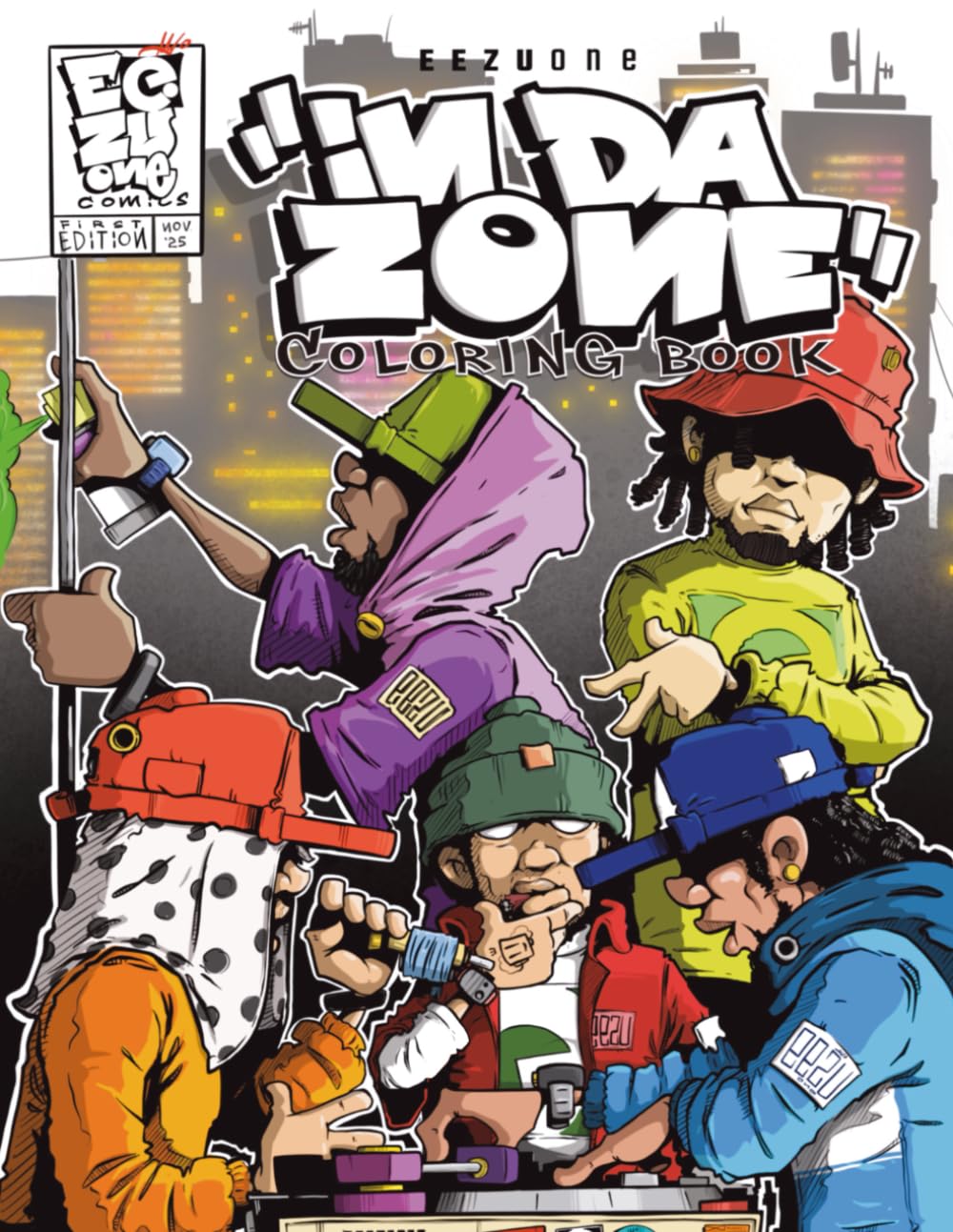 “IN DA ZONE” coloring book: 50 pages of unique street style characters representing the elements of hiphop- MC,DJ,graffiti and breakdancing. Suitable for both adult and teens.