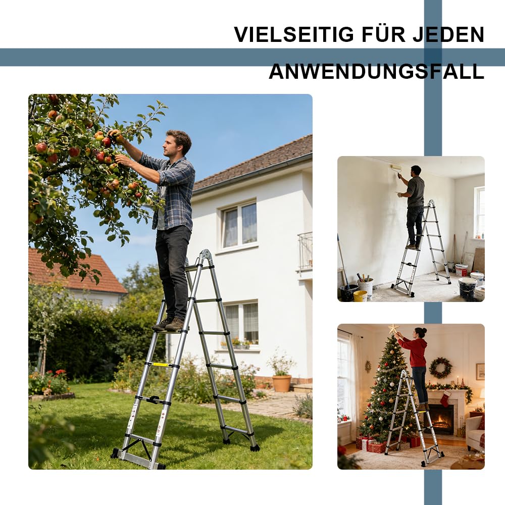 5M(2.5m+2.5m) Edelstahl Teleskopleiter, 2-in-1 Faltbare A-Form Leiter & Geradeleiter mit 150 kg Traglast, stabilere Verriegelung, Anti-rutschige Füße für Haushalt, Garten und Renovierung