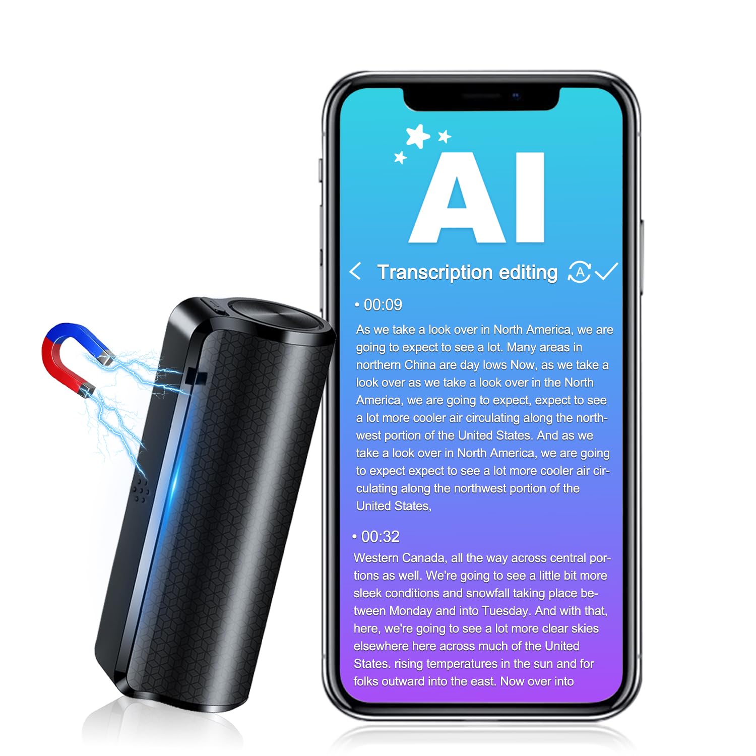 64GB magnetischer KI-Sprachrekorder mit App-Steuerung, Rauschunterdrückung, Spracherkennung, Zusammenfassung & Mindmapping – 58 Sprachen, ideal für Interviews, Vorträge & Meetings