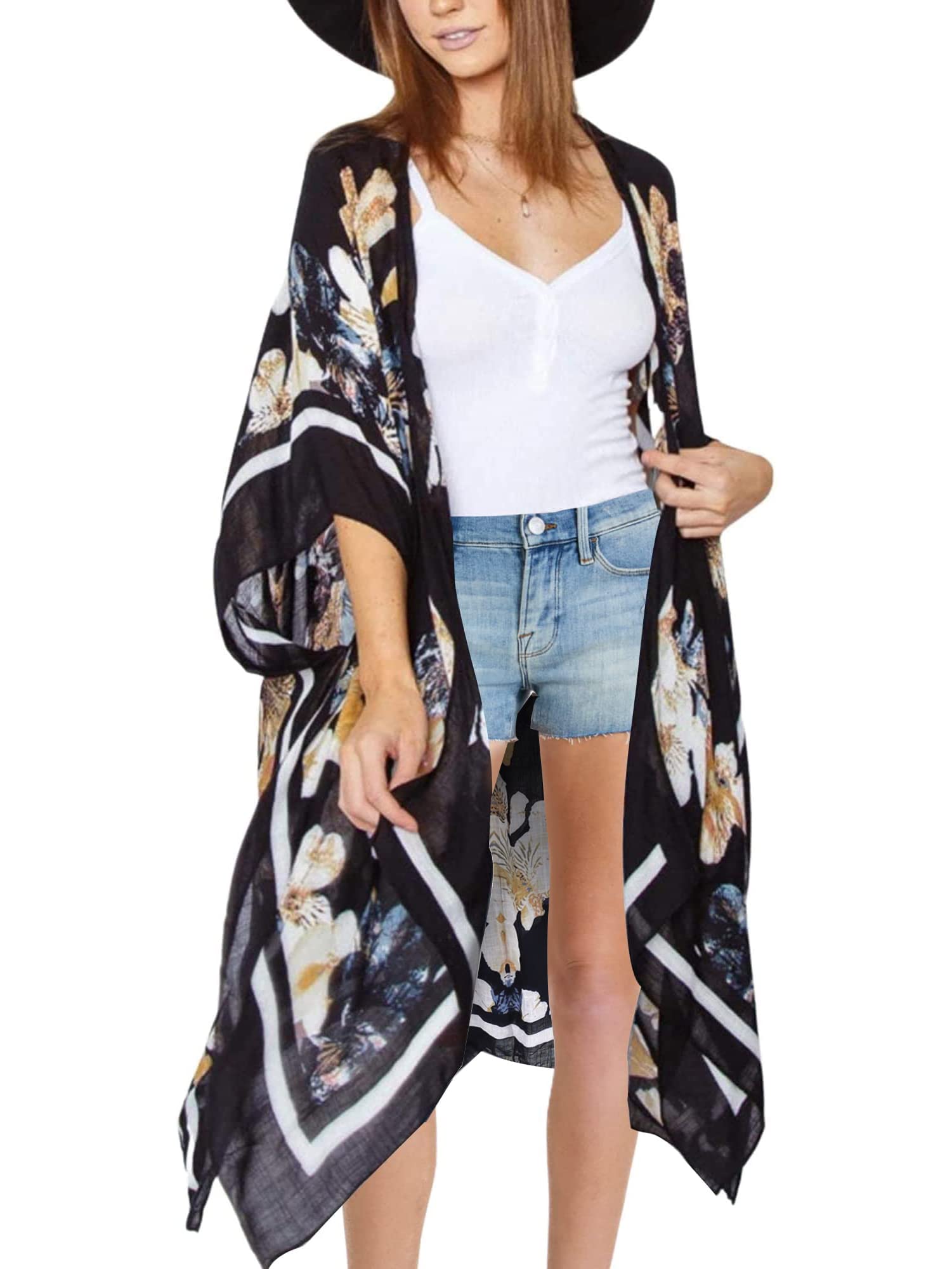 Moss Rose Women's Beach Cover up Swimsuit Kimono Cardigan with Bohemian Floral Print