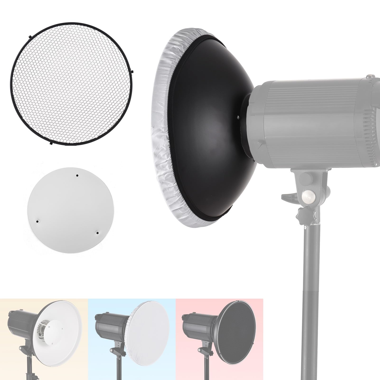 Andoer Réflecteur Standard Beauty Dish Bowens Mount avec Diffuseur Blanc Réflecteur Grille en nid d'abeille pour Photographie de Portrait en Studio Lumière Stroboscopique Flash