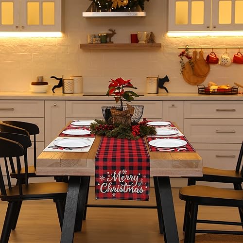 Miniatura 3 de 7 manteles individuales de Navidad, copos de nieve rojos y blancos, camino de mesa de Navidad con diseño de reno, copo de nieve, árbol de Navidad,