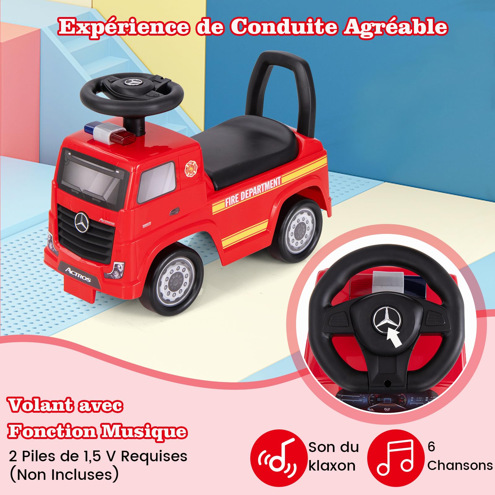 GOPLUS Camion de Pompier Pousse-Pousse Enfants, Porteur Bebe Mercedes-Benz,Trotteur Marcheur avec Dossier, Klaxon et Musique, Charge 23KG, pour 2-6 Ans,48,8 x 24,4 x 35,3 CM