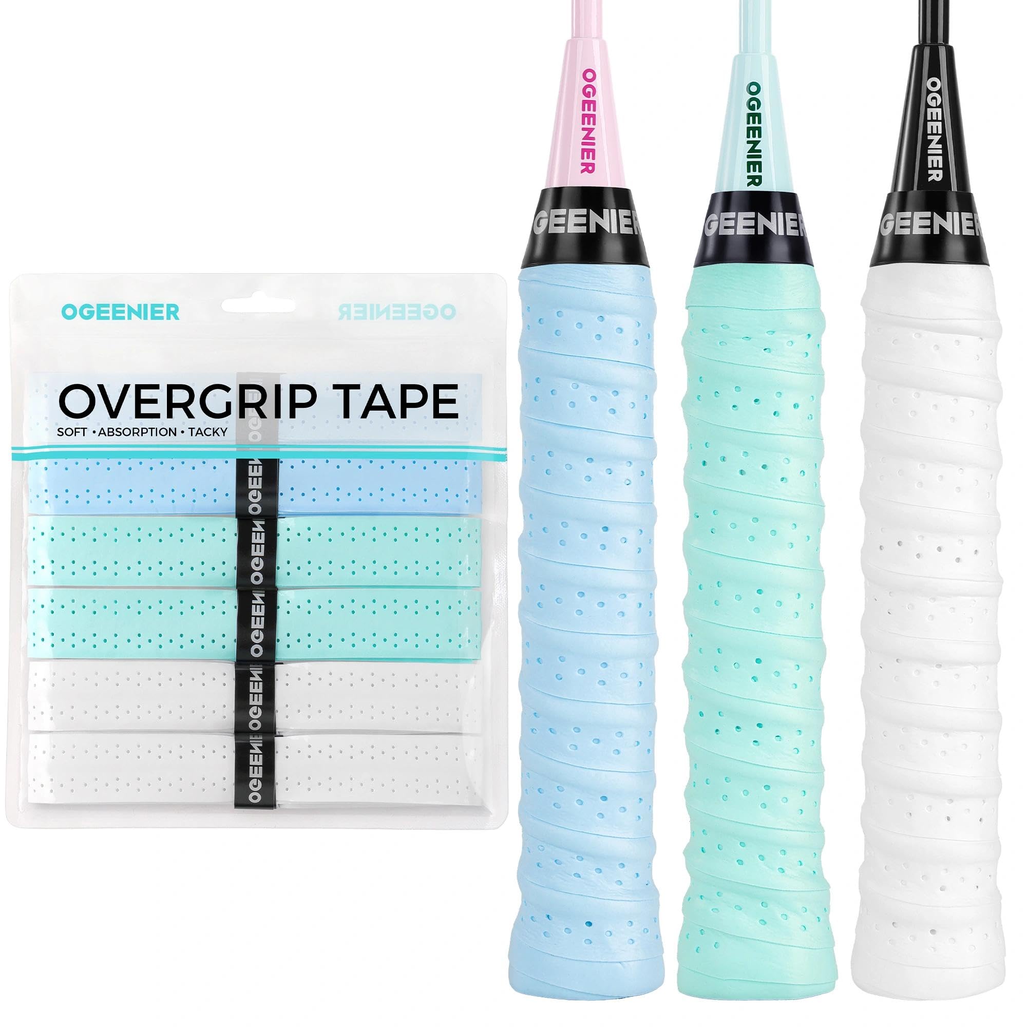 OGEERNIER PU Badminton Racket Grip, 6 Pack Anti-slip Squash/Padel/Tennis Racket Grip Tape, Perforated Super Absorbent Racquet Tape