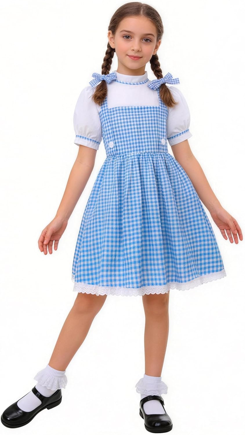 Book Character Costume for Kids Blue Plaid Bubble Sleeve Dress for Girls Career Day Dress Up Birthday Gifts