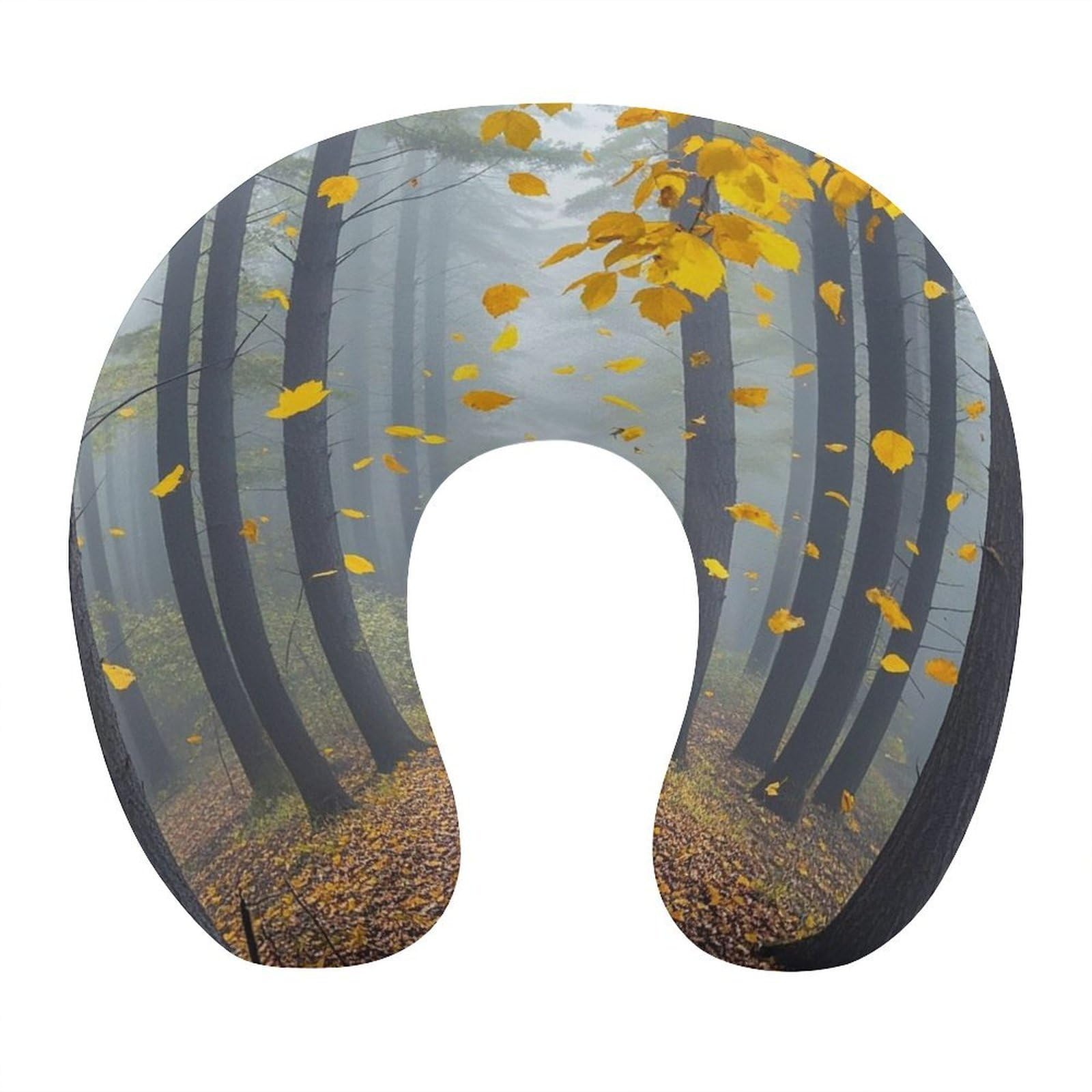 FekiLoot Autumn Leaves Flying in The Misty Forest Travel Pillow Comfortable U Shape Memory Foam Pillows Neck and Head Support Portable Travel Neck Pillow Suitable for Planes Trains Self-Driving Cars