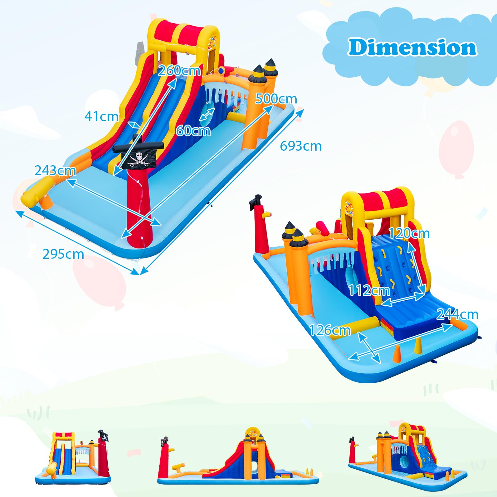 COSTWAY Château Gonflable en Forme Boîte avec Toboggan Aquatique & Mur d’Escalade, Aire de Jeux Gonflable avec Canon à Eau, Charge 90kg pour 3 Enfants de 3-10 Ans, 693x295x263 cm…