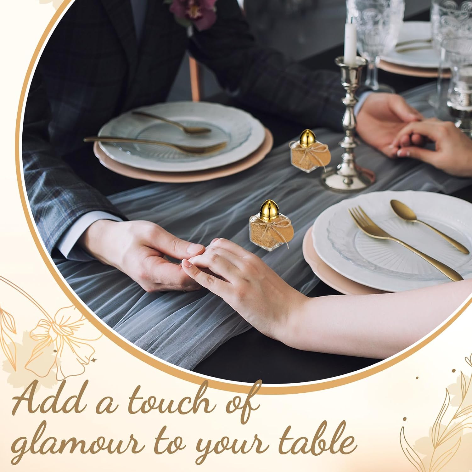 Uiifan 50 Set 0.5 oz Mini Salt and Pepper Shakers with Gold Tone Tops Clear Glass Spice Salt and Pepper Holders Bulk with 5 Plastic Funnels 50 Tags 50 Ropes for Wedding Party Kitchen(Square Shape)