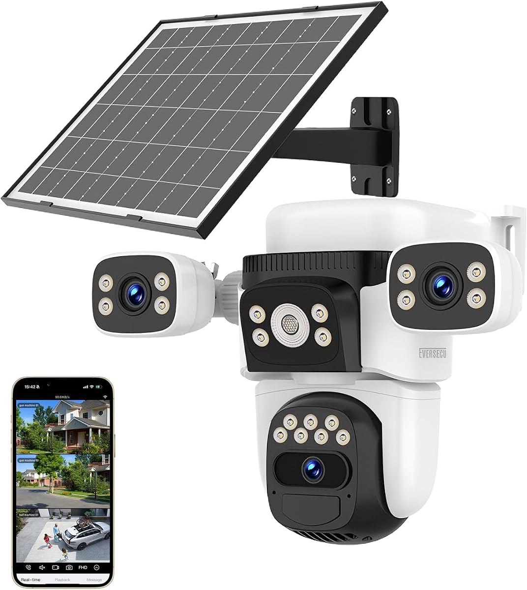 EVERSECU Solar Wireless Triple Lens WiFi PTZ Security Camera, Three Cameras in One, Side Cameras with Adjustable All-Angle Arm, 2K 360° View No Blind Spot, Auto Tracking, Spotlight, 2 Way Audio