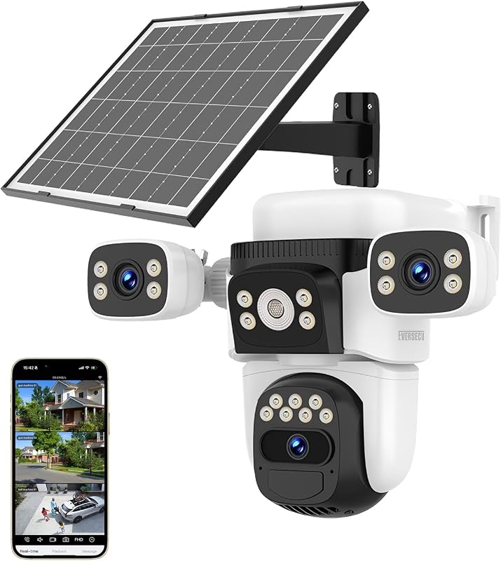 EVERSECU Solar Wireless Triple Lens WiFi PTZ Security Camera, Three Cameras in One, Side Cameras with Adjustable All-Angle Arm, 2K 360° View No Blind Spot, Auto Tracking, Spotlight, 2 Way Audio
