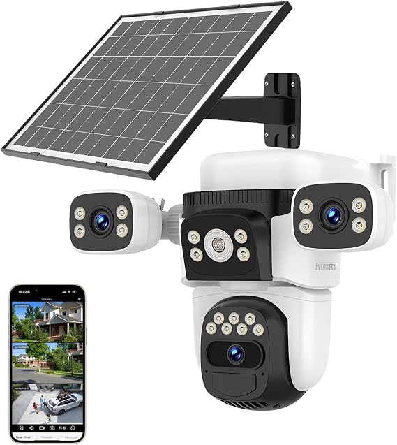 EVERSECU Solar Wireless Triple Lens WiFi PTZ Security Camera, Three Cameras in One, Side Cameras with Adjustable All-Angle Arm, 2K 360 View No Blind Spot, Auto Tracking, Spotlight, 2 Way Audio