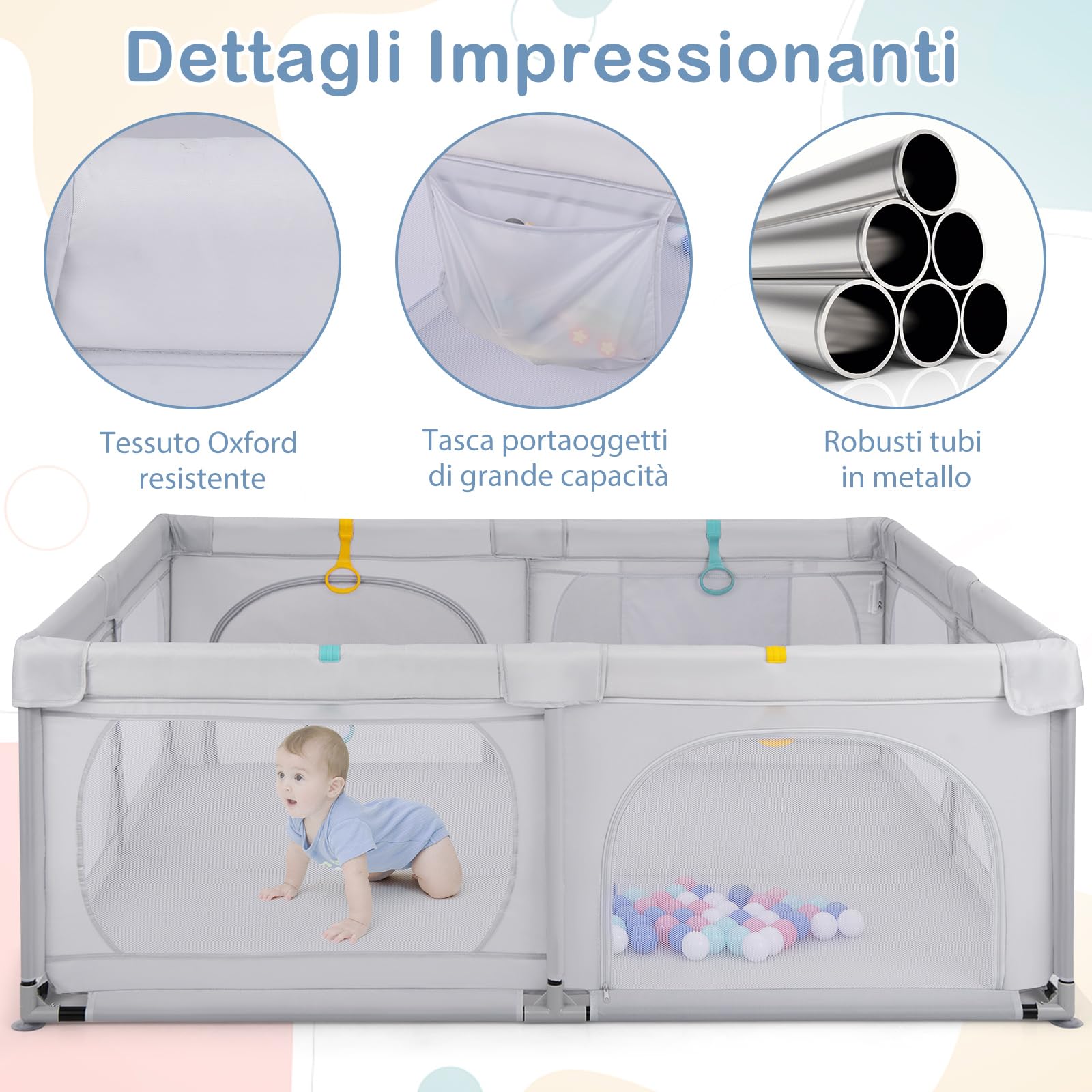 RELAX4LIFE Recinto Bambini con Base a Ventosa,Box Giochi, 4 Anelli e 50 Palline, 2 Entrate Laterali, Tasca Portaoggetti e Borsa Trasporto, Rete Traspirante (Grigio Chiaro, 189 x 158 cm)
