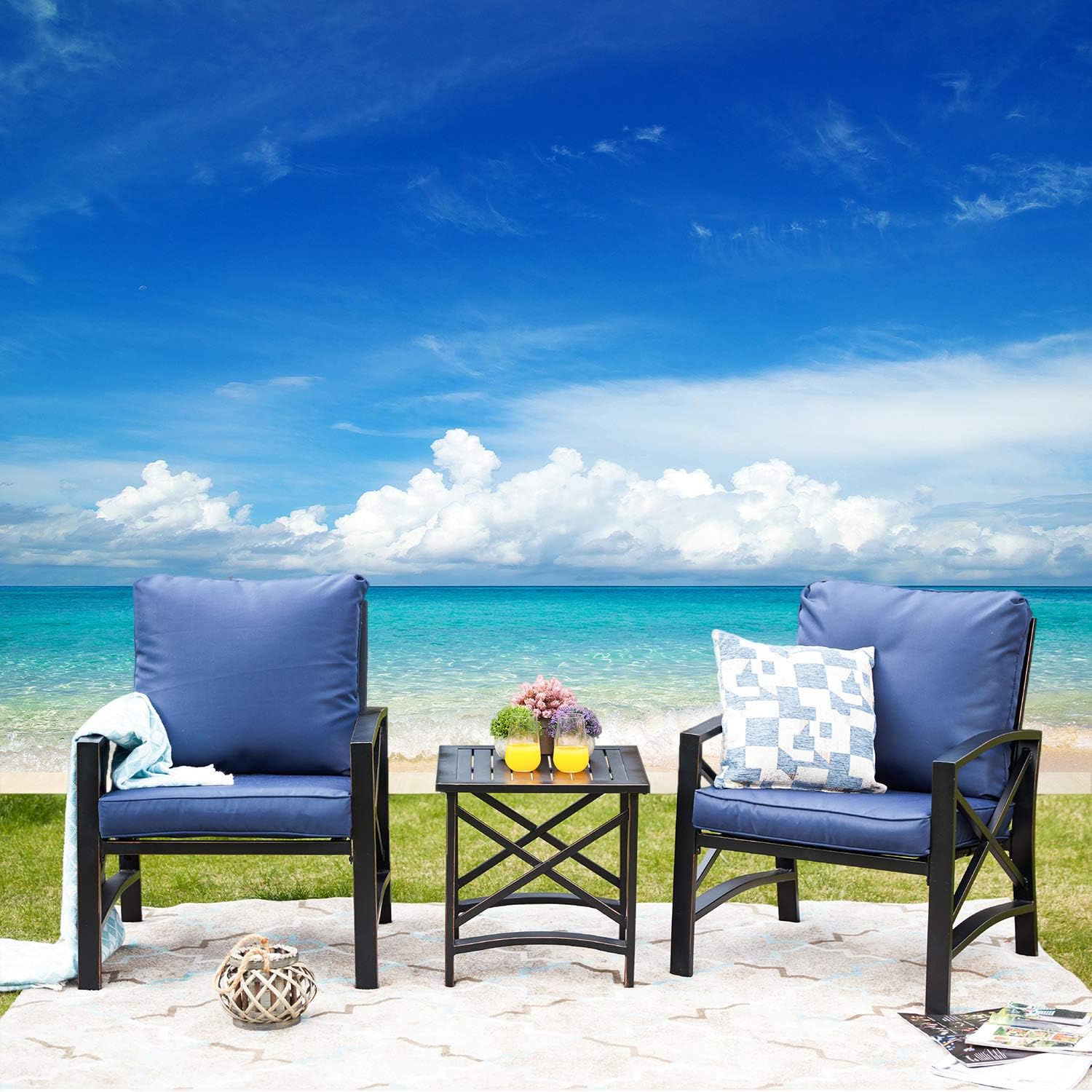 Festival Depot 3pcs Patio Bistro Set Metal Armchairs with Thick Cushions and Side Table All Weather Small Conversation Set Outdoor Furniture for Porch Balcony Deck (Blue)