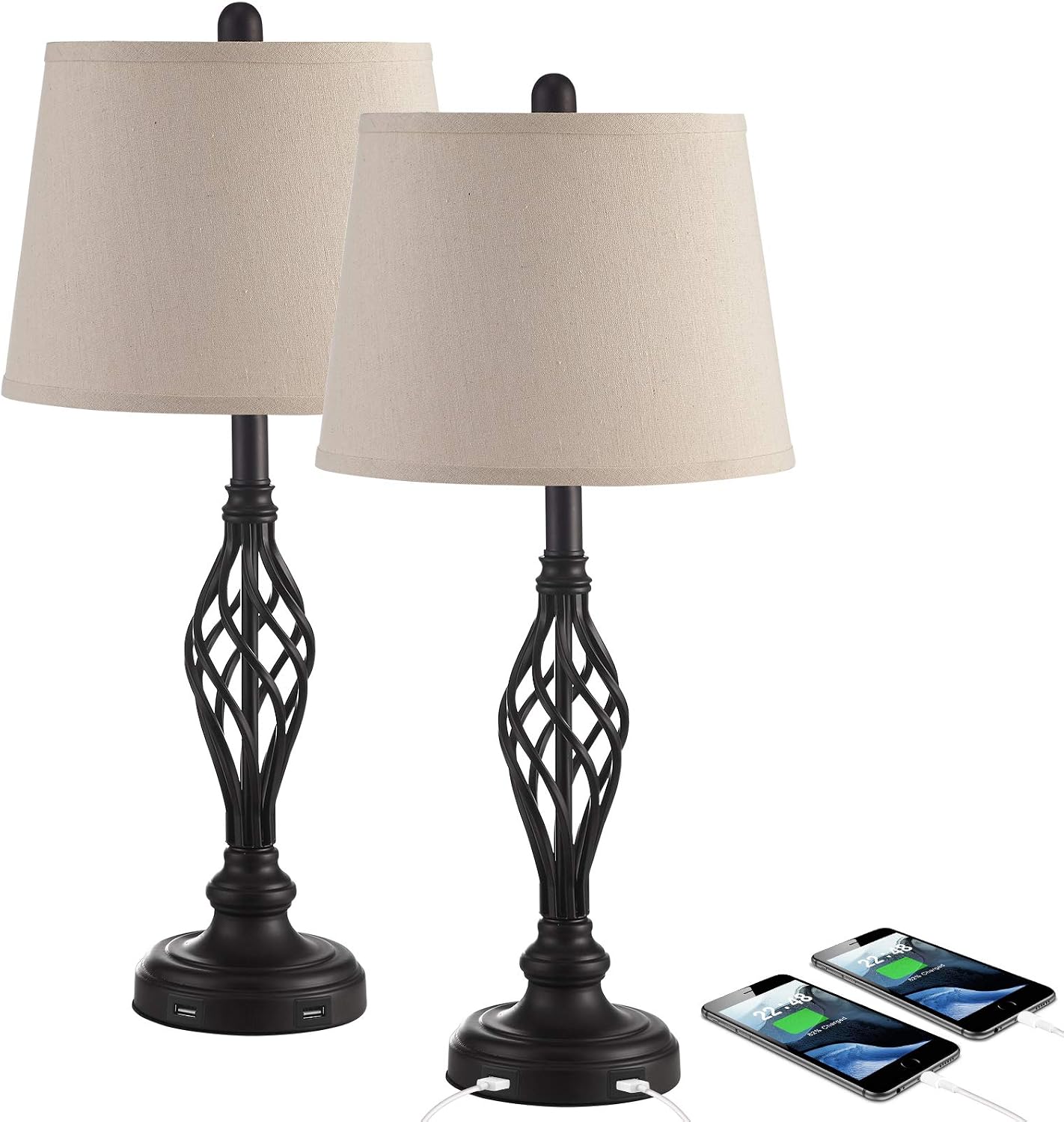 Kakanuo Table Lamps Vintage Bedside Lamp with Dual USB Charging Ports for Living Room Set of 2, Farmhouse Nightstand Lamps, 27'' Retro Lamp with Spiral Cage Design Base for Bedroom, Guest Room
