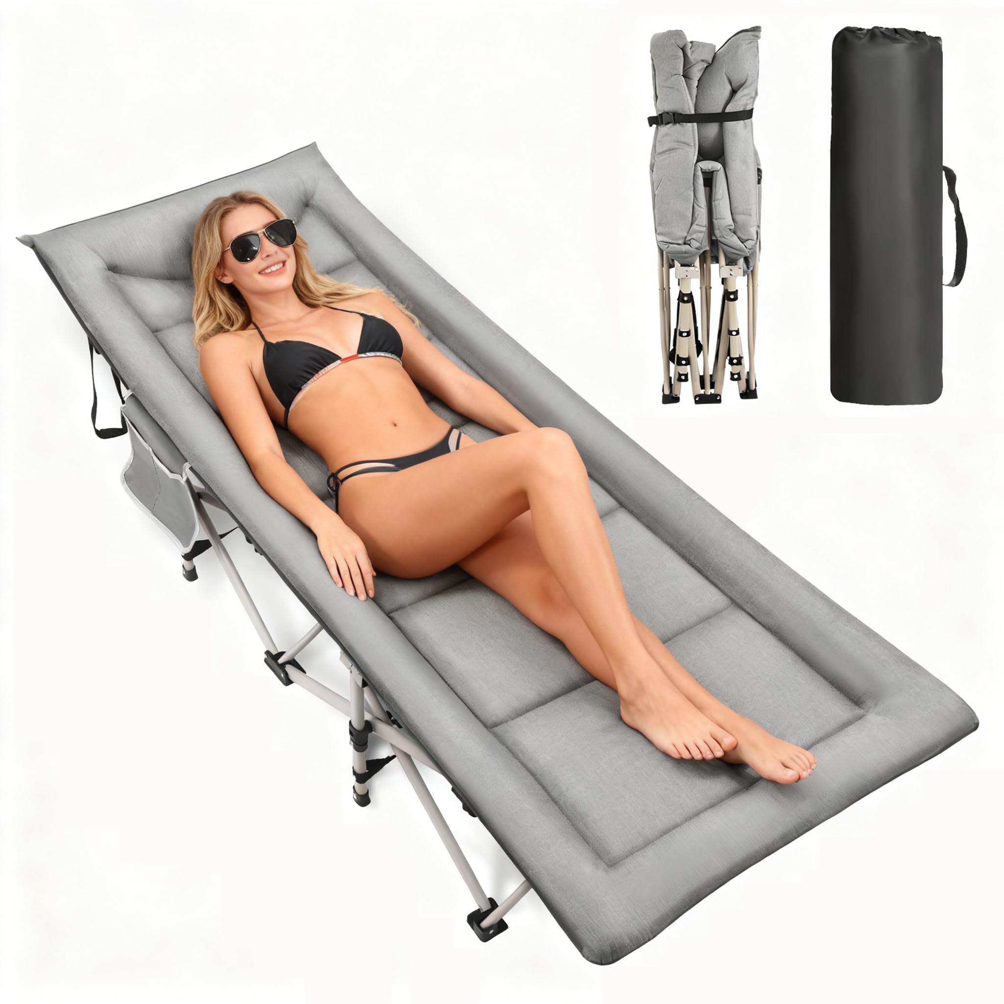 Cama plegable de camping, capacidad de carga cama plegable cama de invitados, cama plegable/tumbona de camping con colchón, bolsillos laterales, respaldo ajustable, 190 x 68 x 40 cm – hasta