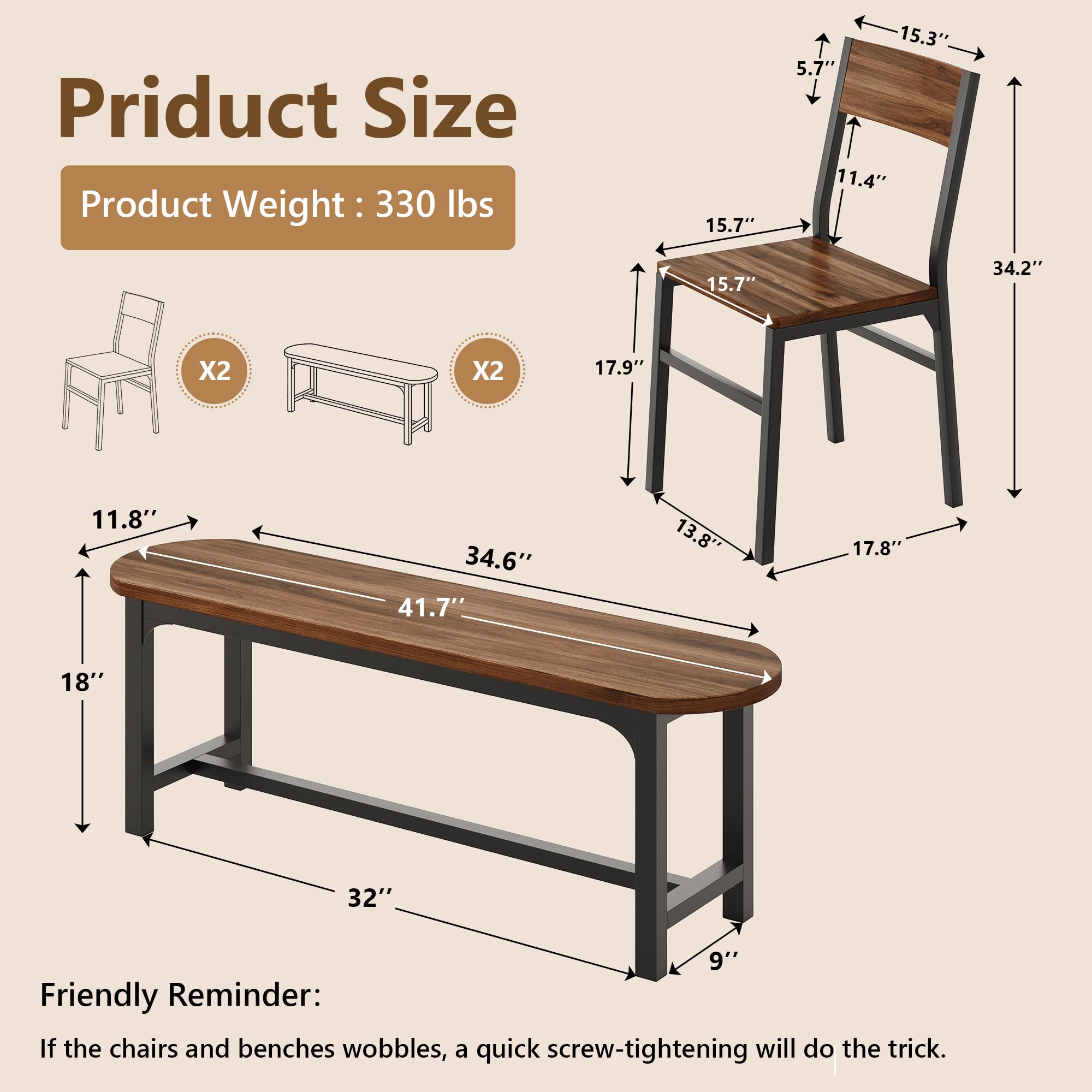 FEONASE Sillas de Comedor Pack 4, 2 Sillas Ergonómicas y 2 Bancos, MDF y Estructura Metálica, Sillas de Cocina para Hogar, Apartamento o Espacios Reducidos, Color Nogal