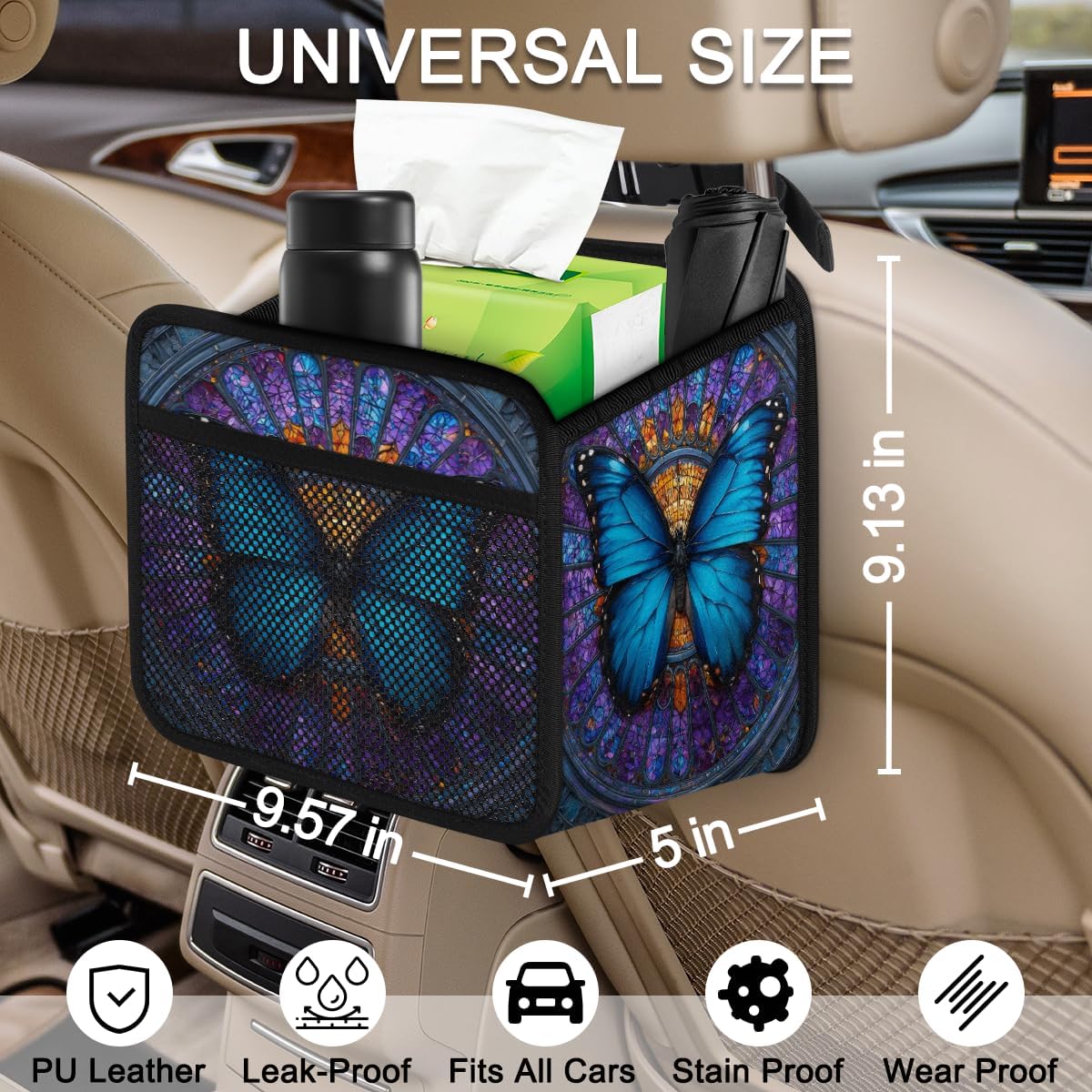 Stained Glass Blue Butterfly Prints Car Seat Back Organizer Bag