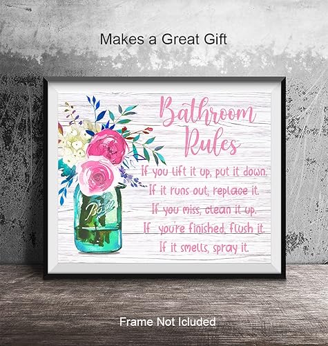 Miniatura 4 de Bathroom Rules Wall Decor - Pink Peonies Wall Art - Rustic Country Farmhouse Bathroom Decor - Powder Room Print - Funny Bathroom Picture - Bath Art