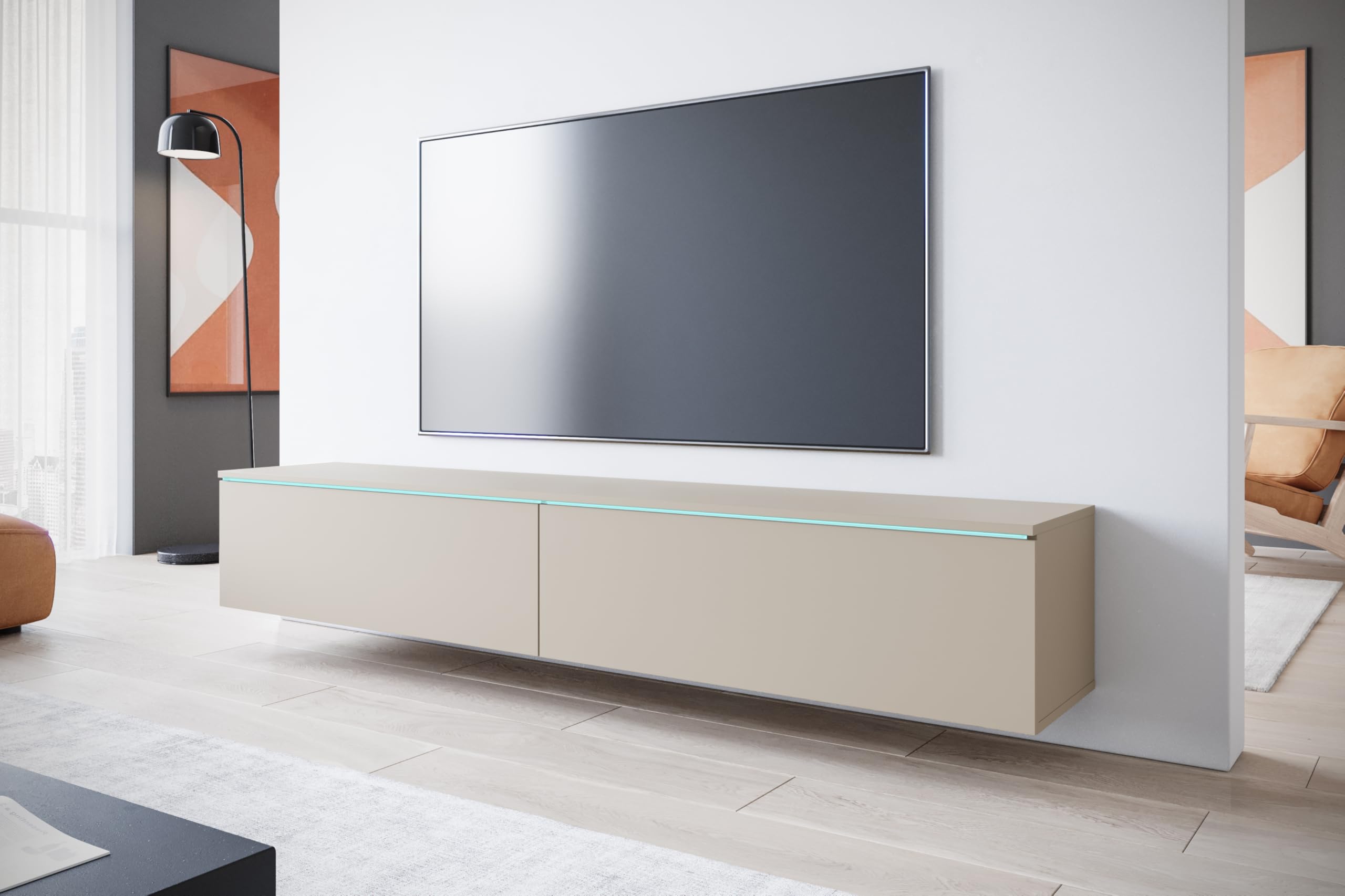 MINIO go for it - Meuble TV Donna Largeur 180 cm Lowboard sans LED | Debout ou suspendu, meuble TV pour le salon, panneau stratifié, couleur : beige cachemire