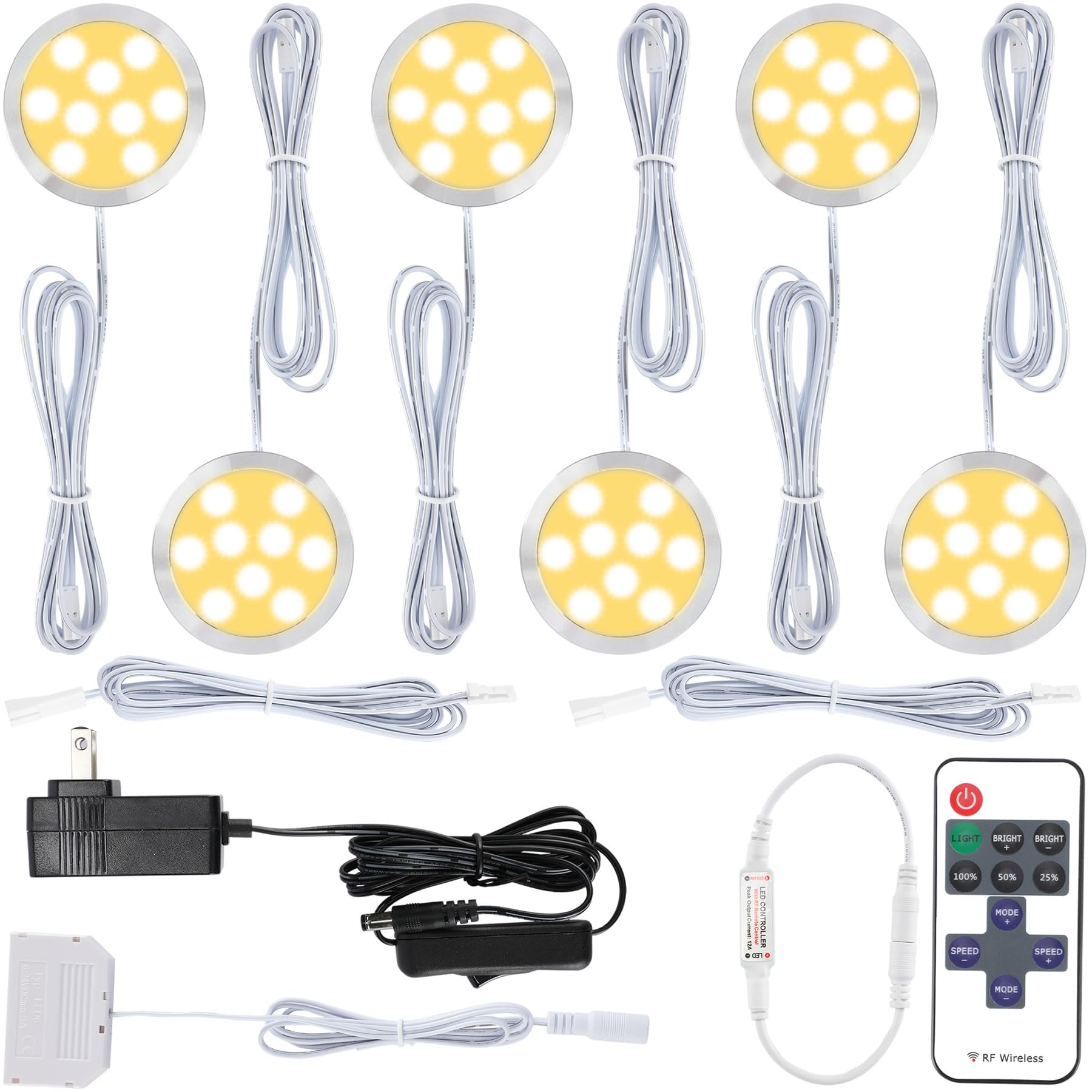 Meigour Book Case Accent Lighting Kit, Under Mounted Cabinet LED Puck Lights, 110 Volt Electric Plugged in Adapter, Remote Dimmable, 6-Way Octopus Parallel Connection, 6 Lights, Warm White