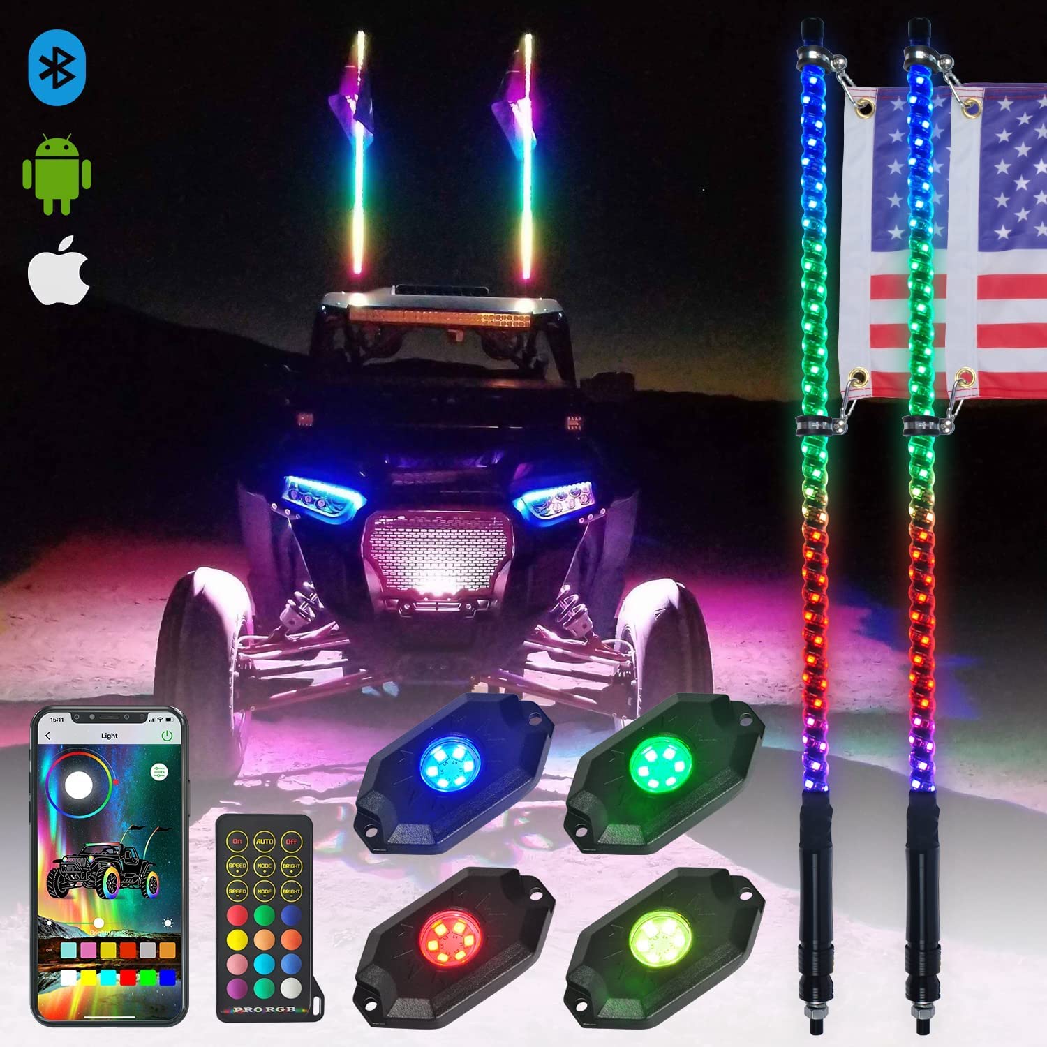 OHMU2Pcs 3FT LED Whips and Rocks Lights Combo Bluetooth and Remote Control 3rd-Gen Upgraded 6pcs/Neon 360° Spiral Chasing RGB Offroad Warning Lighted Antenna Whips