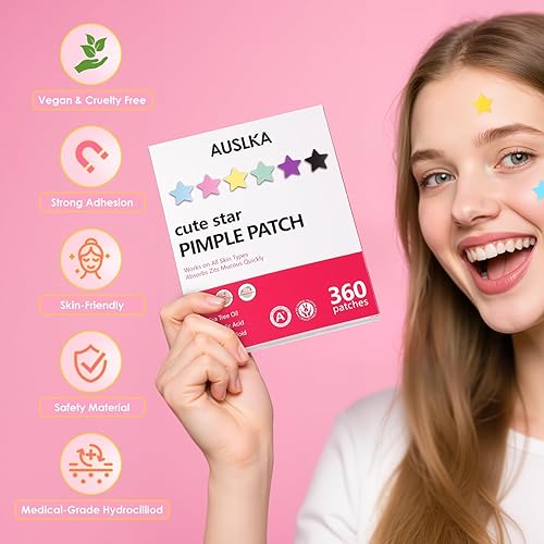 Miniatura 5 de AUSLKA Parches de espinillas de estrella (360 piezas) lindos parches para cara, calcomanías de estrellas con ácido salicílico, parches hidrocoloides