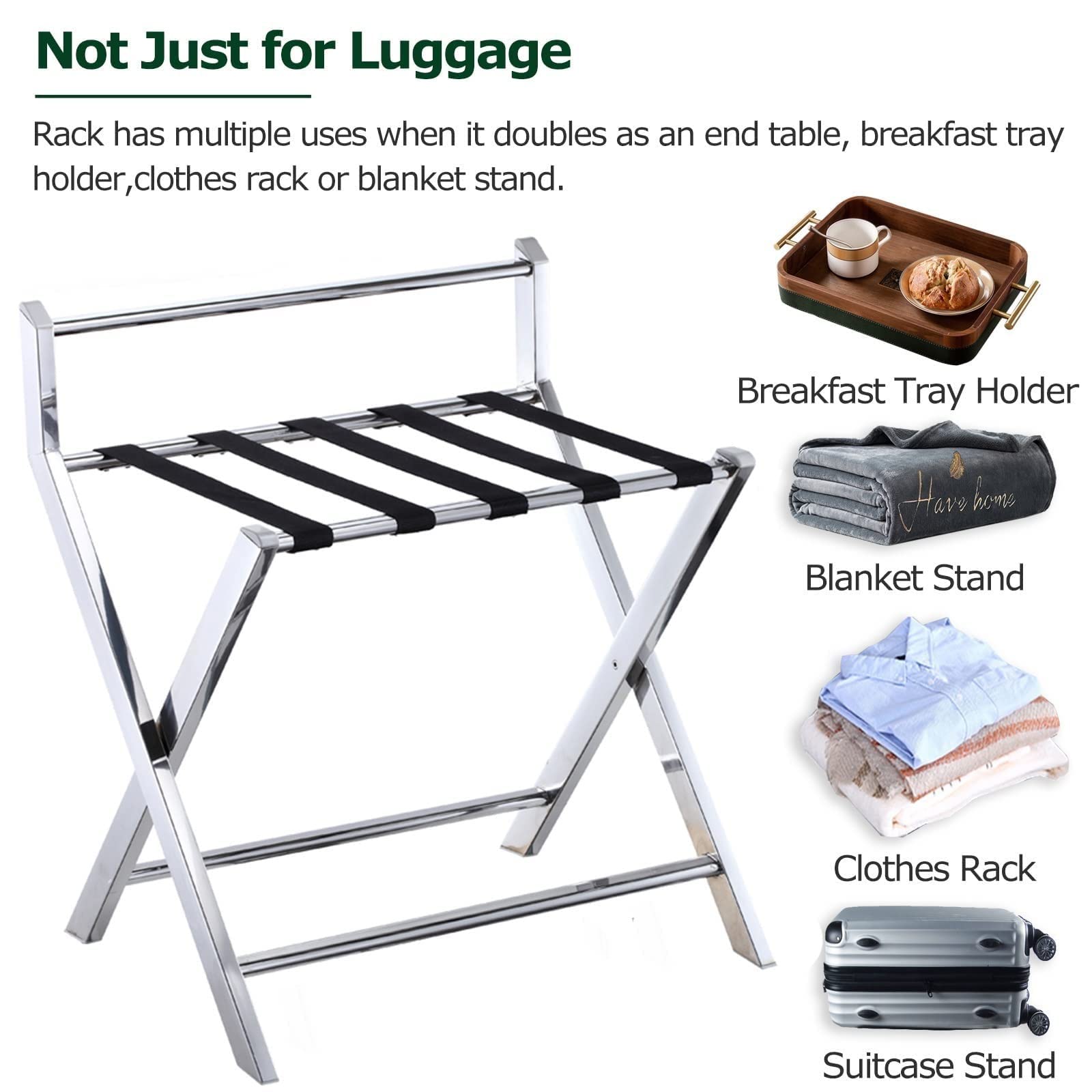 Portaequipajes Plegable de Acero Inoxidable para Hotel, Bandeja para Maletas con Respaldo y Zapatero, Ideal para el hogar, Dormitorio o habitación de Invitados.,Silver