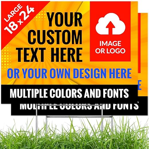 Two Pack Custom Yard Sign, Personalized Add Your Logo or Artwork For Outdoor, Double Sided 18x24 Inches, Corrugated Plastic with Metal H Stake, Made in USA
