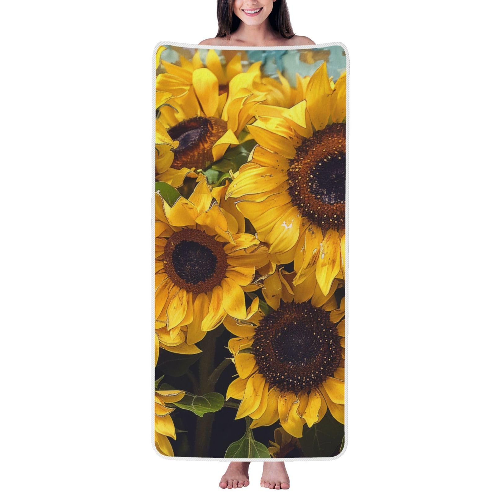 WPKJU Sunflower Printed Bath Towel with White Edging - 27x55 in Soft Extra Absorbent Coral Velvet Shower Towels for Bathroom
