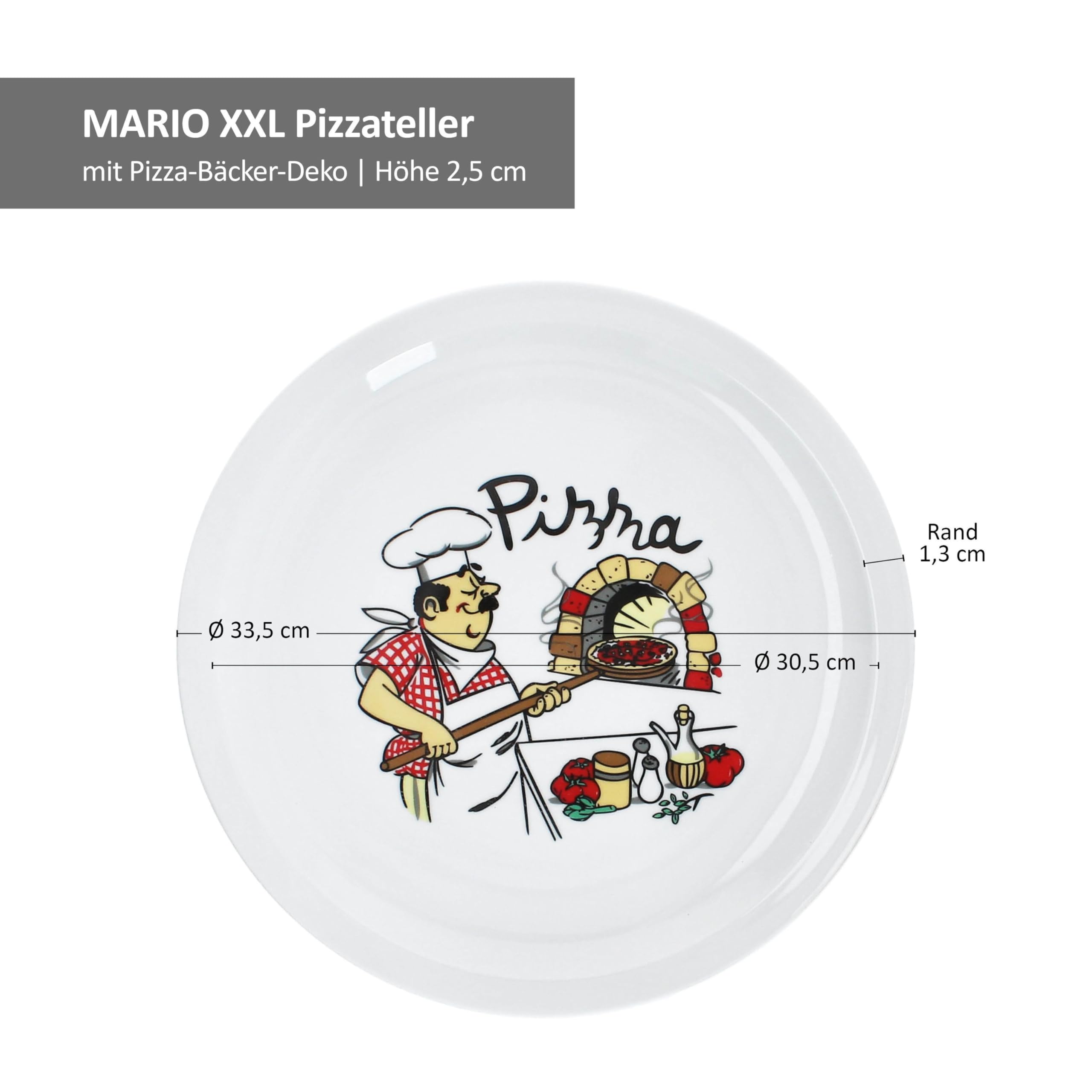 MamboCat 6er Set Mario Pizzateller XXL I Ø 33,5 cm I für 6 Personen I weiße große Pizzateller aus Porzellan mit Pizza-Bäcker Motiv I für Pizzen oder zum Anrichten I große Speiseteller, Servierplatte