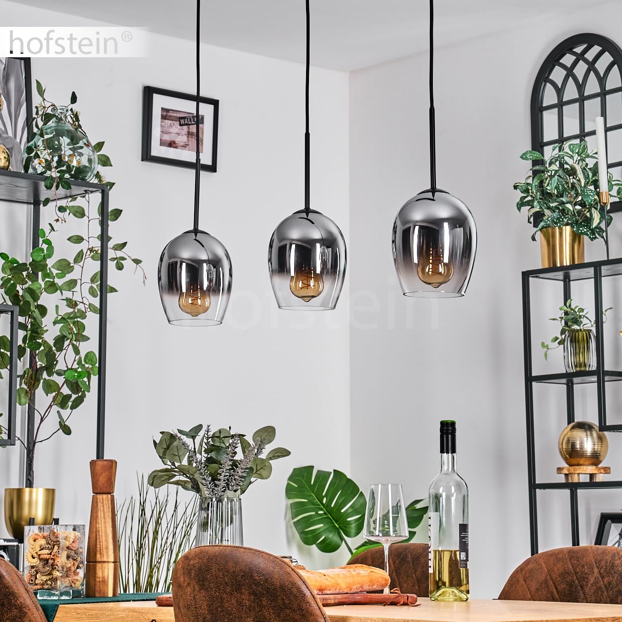 Pendelleuchte Vevino, Pendellampe aus Metall/Glas in Schwarz/Chromfarben/Klar, Leuchte im modernen Retro/Vintage-Design mit Schirmen aus Glas (Ø 15 cm), Höhe max. 150 cm, 3 x E27, ohne Leuchtmittel
