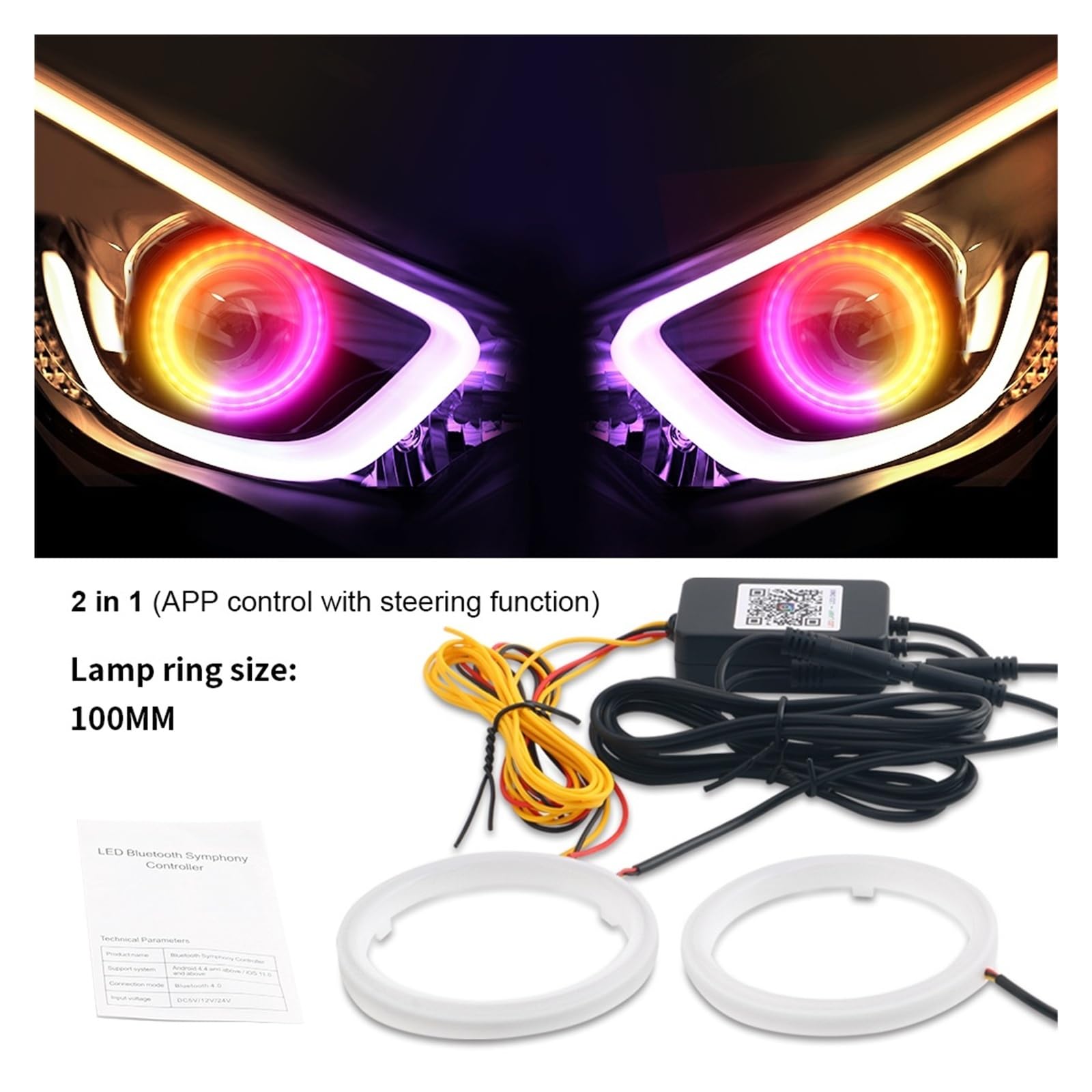 2 szt. 60-90 mm RGB Angel Eye Halo Ring DRL Turn Signal App Bluetooth (100 mm)
